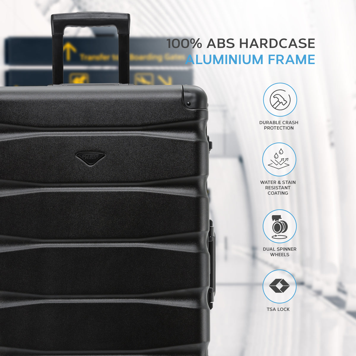 Set Of 3 Aluminium Frame/ABS Body Outer Cabin Carry & Check In Hold Luggage. Overhead Cabin Bag + Medium & Large Check-in Hold Suitcases | Set of 3 | Black