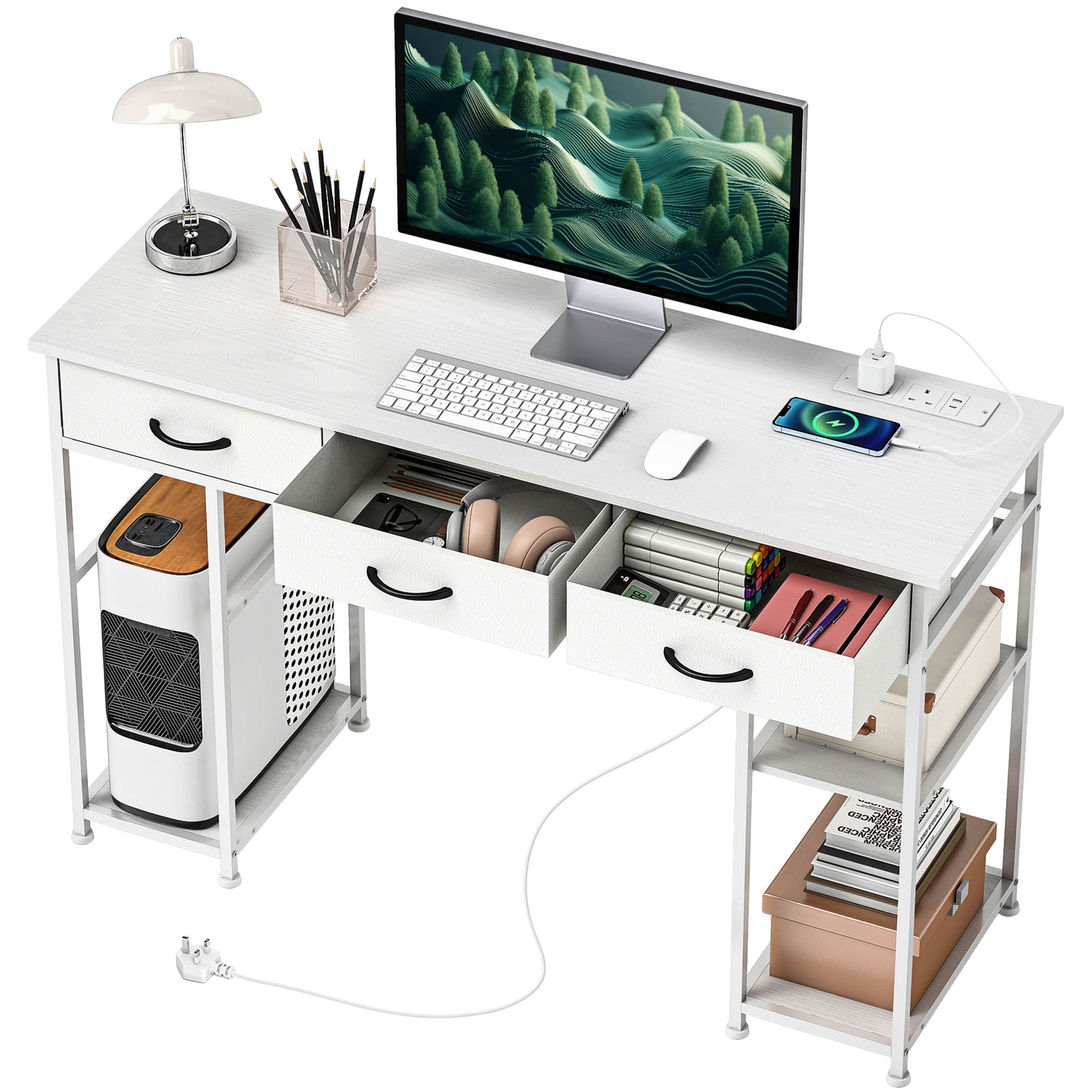 Computer Writing Desk With Power Outlets, Drawers, Shelves | White