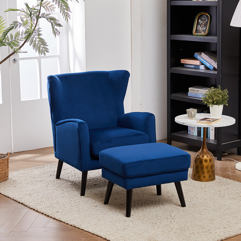 Velvet Upholstered Leisure Chair With Footstool – Accent Armchair With Wooden Frame | Blue