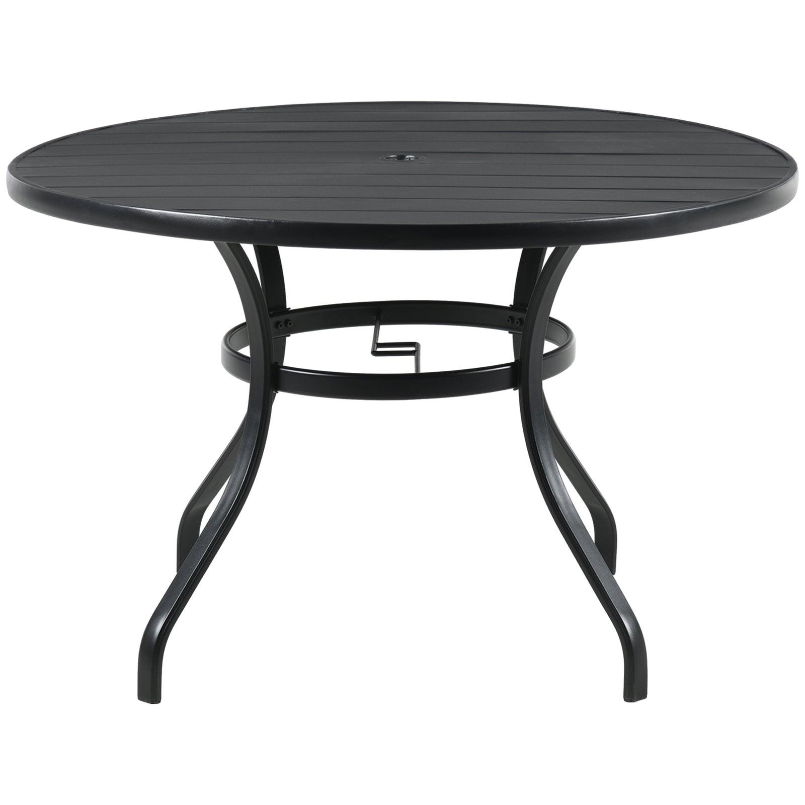 Garden Table W/ Parasol Hole, Round Slatted Metal Top, Black