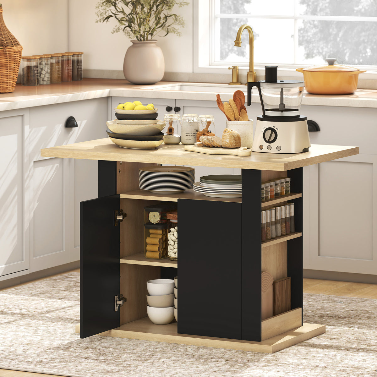 HOMCOM Kitchen Island With Storage Cabinet And Spice Rack, Black & Natural