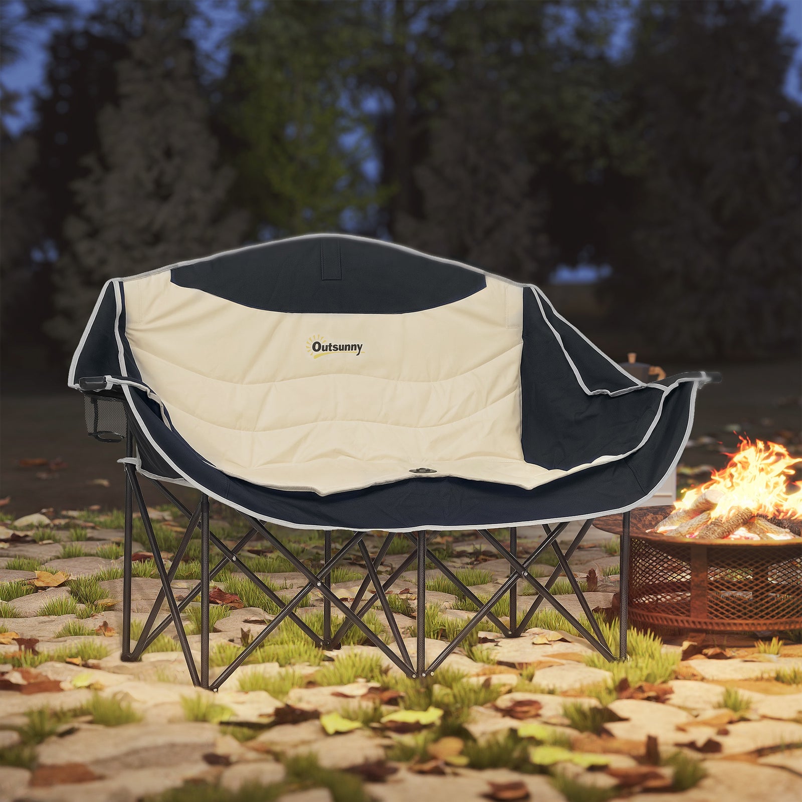 Double Camping Chair For Adults With Armrests, Cup Holders | Khaki