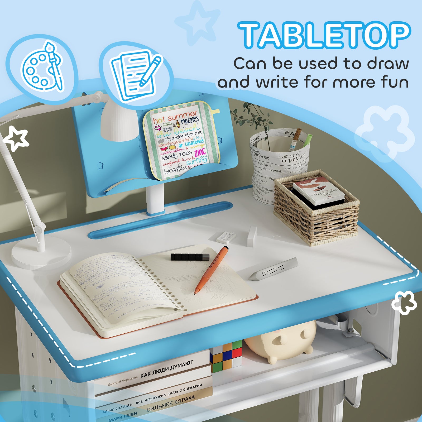 Kids Desk And Chair Set W/ Drawer, Book Stand, Pen Slot | Blue