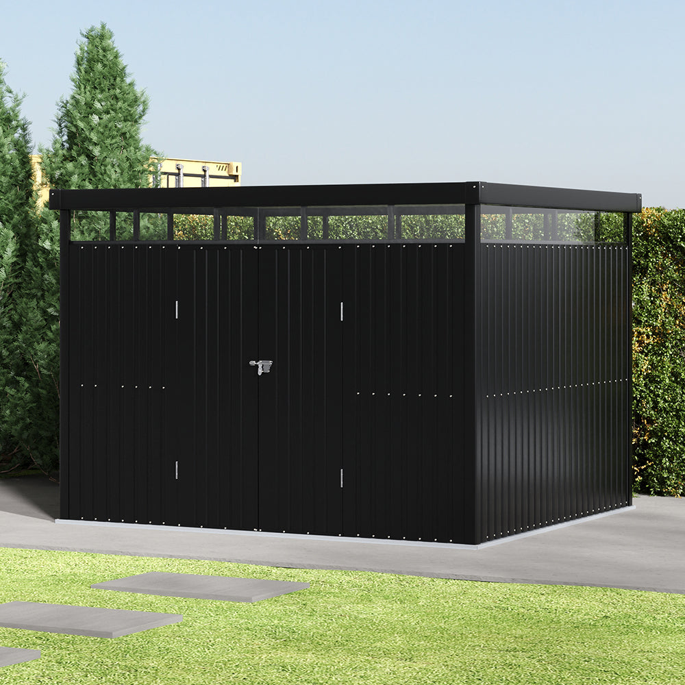 9.71 × 8.46 Ft Metal Garden Storage Shed Skylight Roof Shed,large Outdoor Tool House Flat Roof Storage & Lockable Door