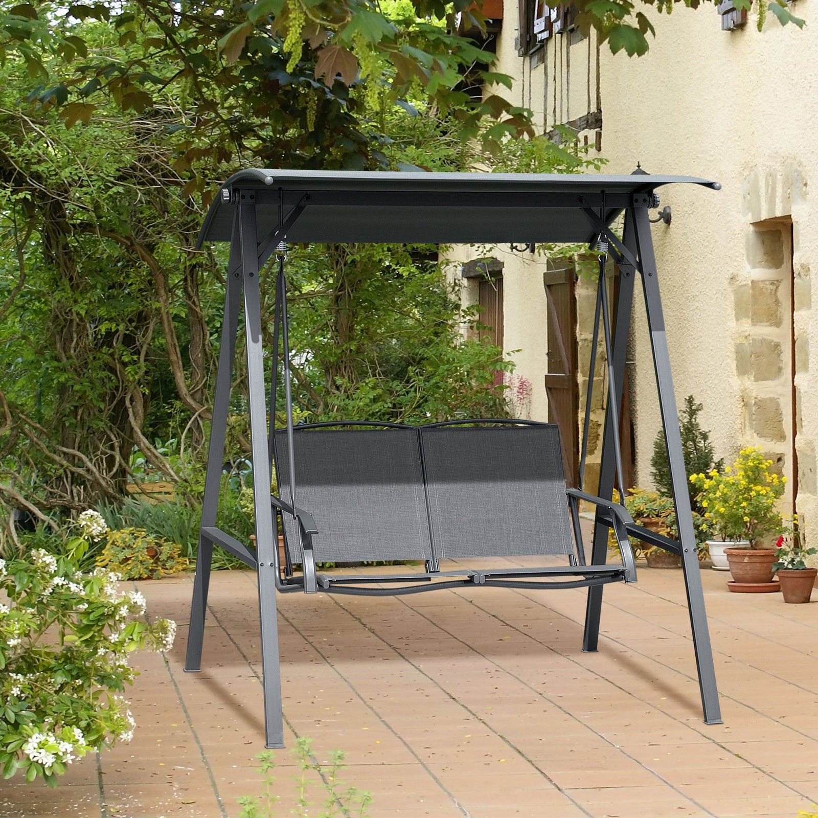 2 Seater Garden Swing Chair Outdoor Canopy Swing W/ Shade | Dark Gray
