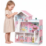 Wooden Dolls House 3-storey With 10 Accessories For 3-6 Years, Pink