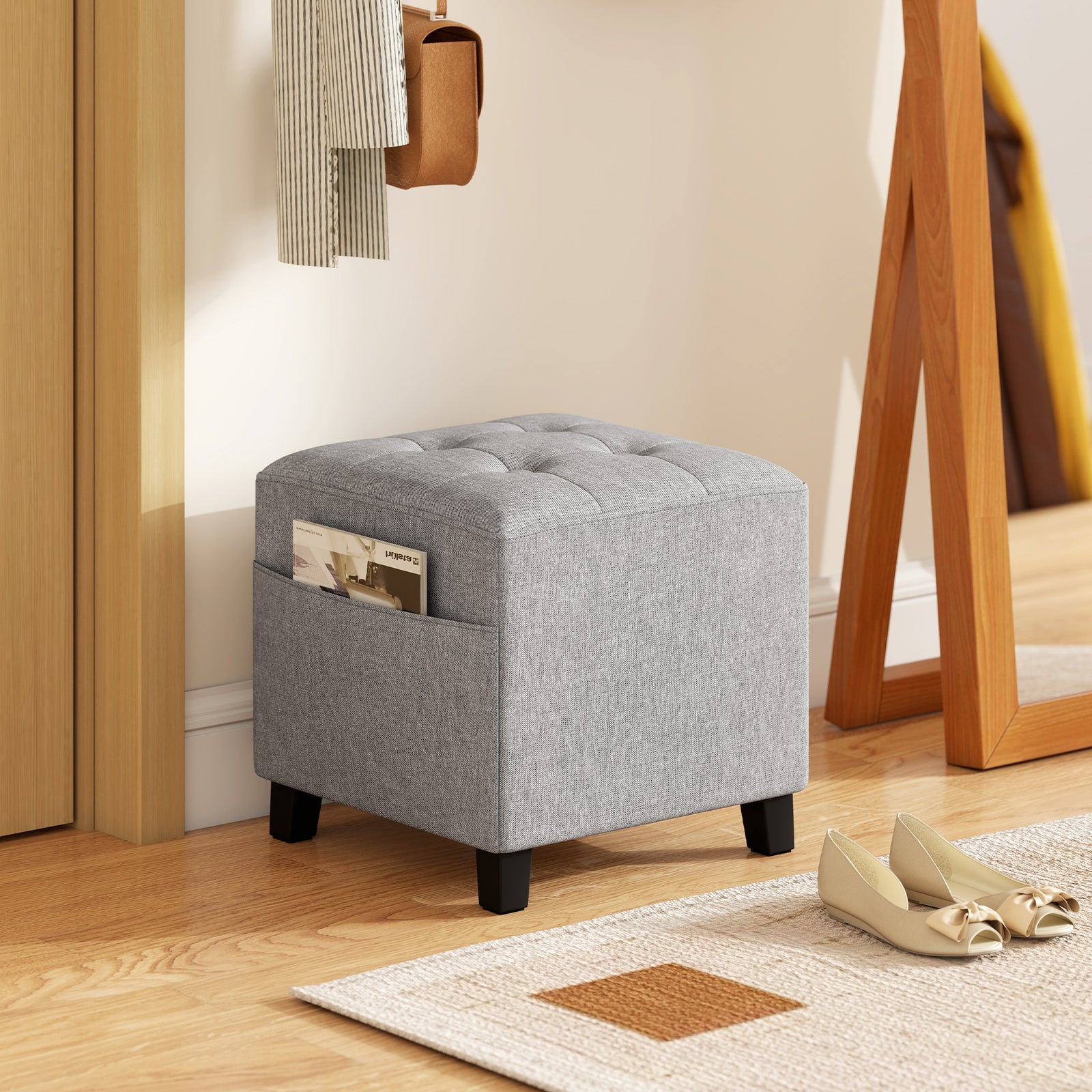 HOMCOM Small Footstool Square Ottoman With Padded Seat, Light Grey