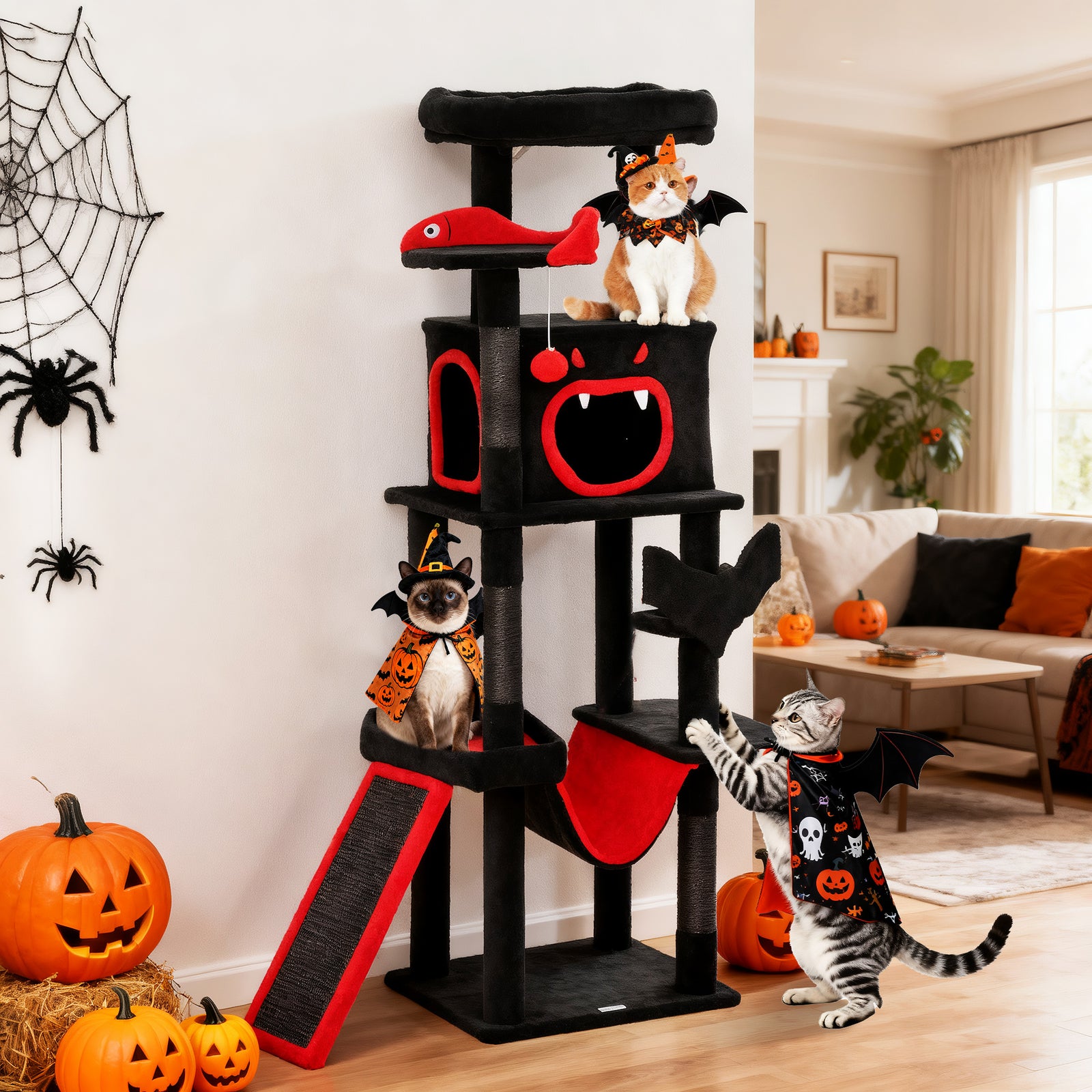 152cm Gothic Cat Tree For Halloween With Coffin Bed, Large Condo