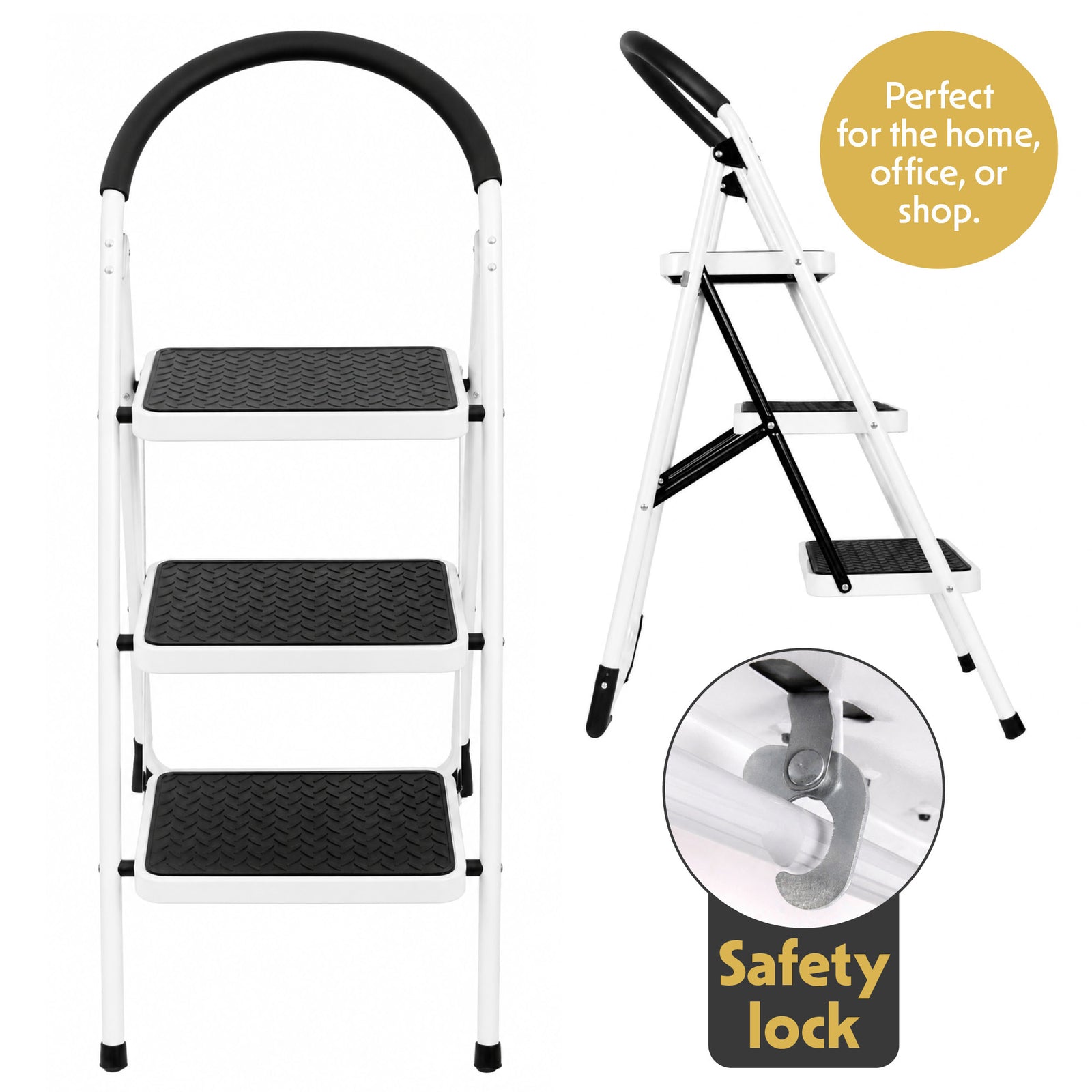 Step Ladder Premium Heavy-duty Steel Folding Step Stool 150kg Capacity | 3 Step | White