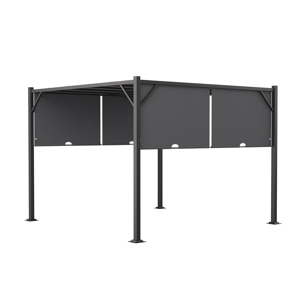 2.95m X 2.95m Steel Retractable Pergola With Flat Dark Grey Canopy Outdoor Sun Shelter For Garden Or Backyard | One Size