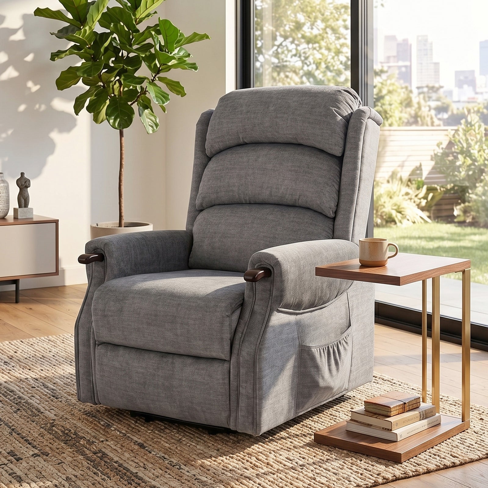 Power Lift Recliner Chair With Vibration And Heat, Wood Grip | Light Grey