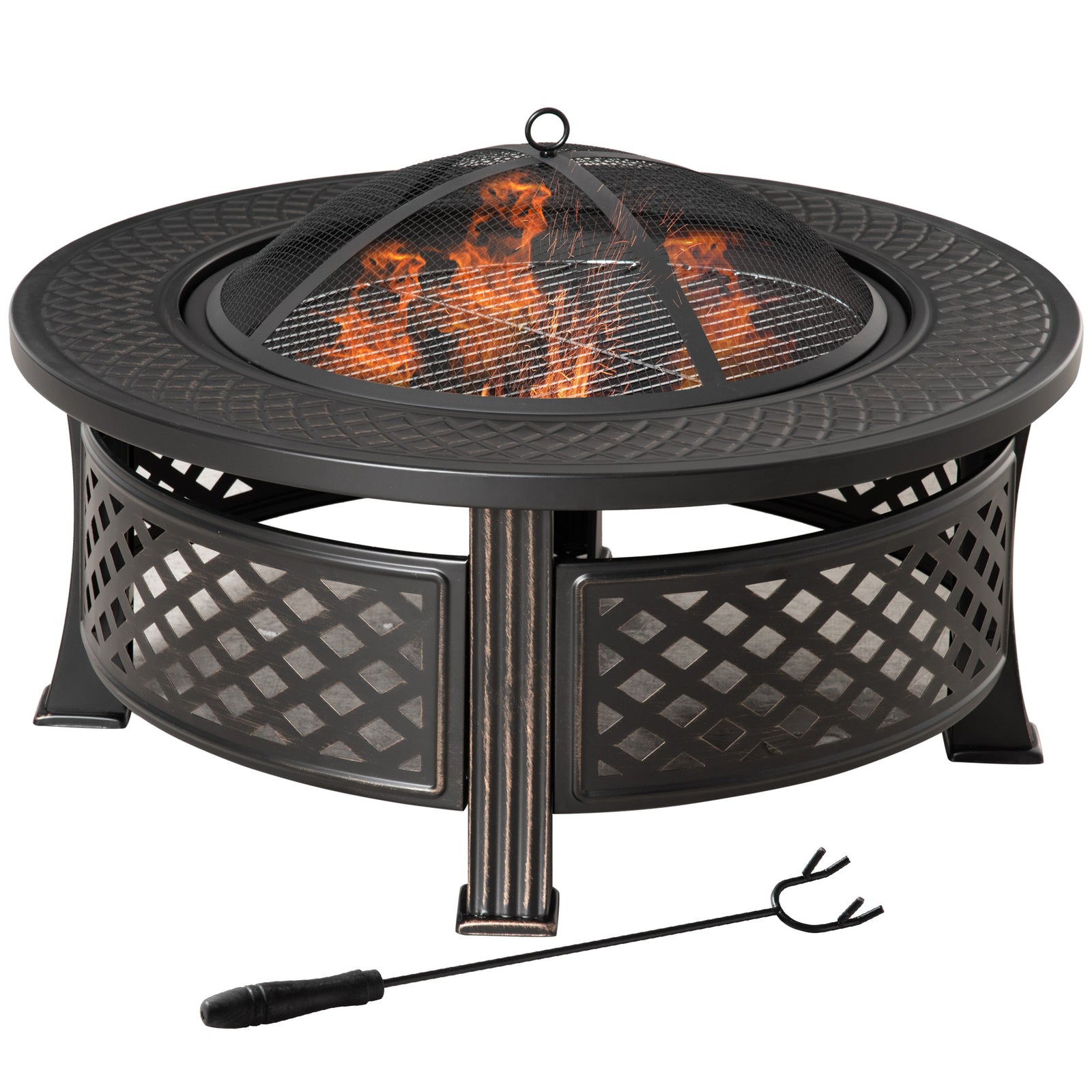 Outsunny Outdoor Fire Pit,round Firepit With Grill Net,mesh Lid,bronze Tone