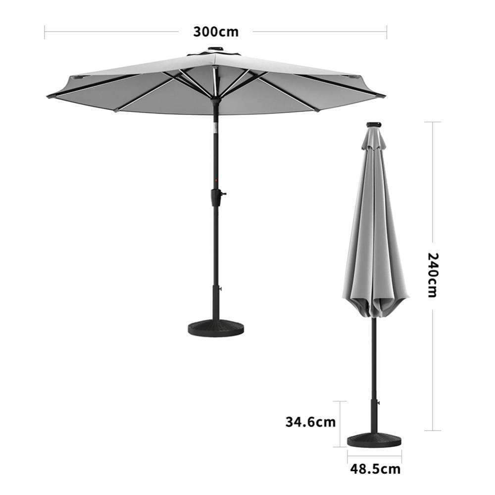 3m Solar Led Patio Umbrella, Outdoor Parasol With 16 Led Tubes, Crank Lift & Push Button Tilt With Round Base | One Size | Light Grey