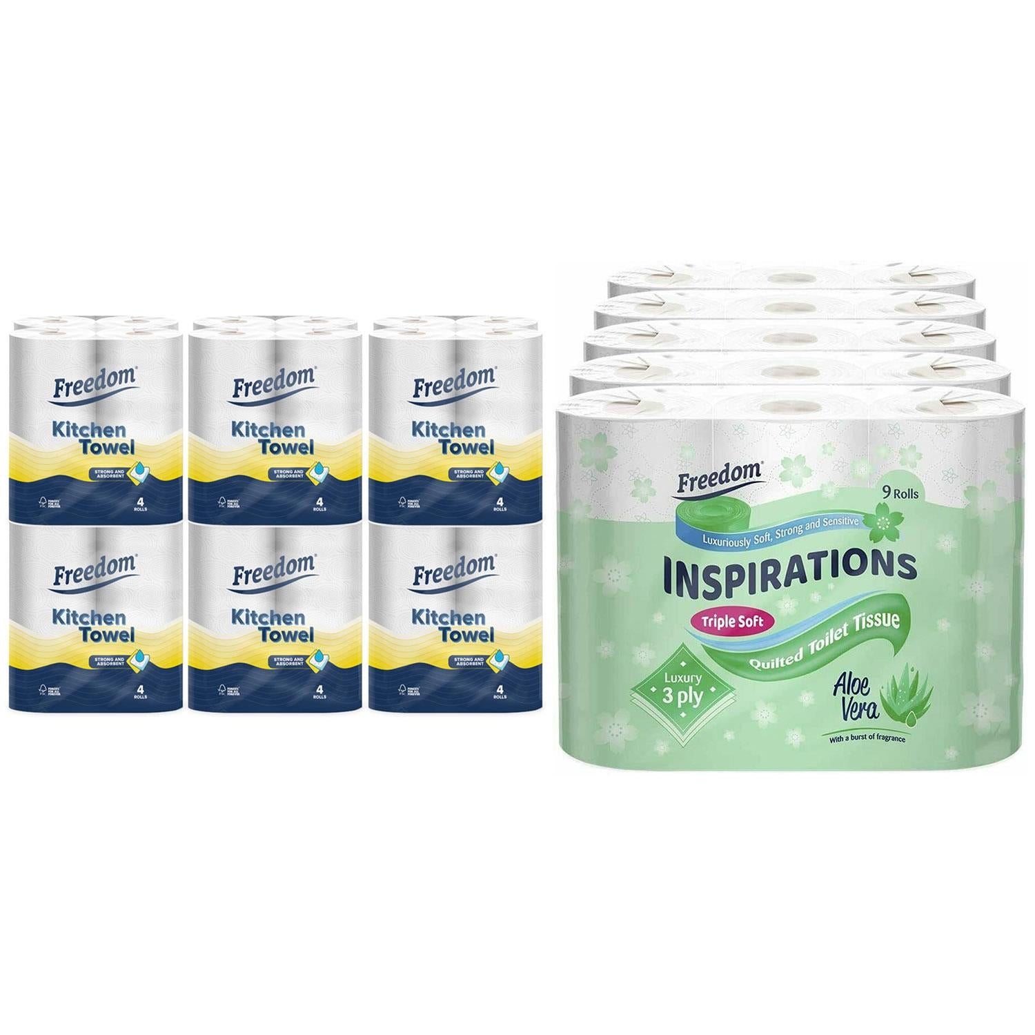 Freedom Aloe Vera 3-ply 45 Rolls + Rhino Kitchen Paper 24 Rolls
