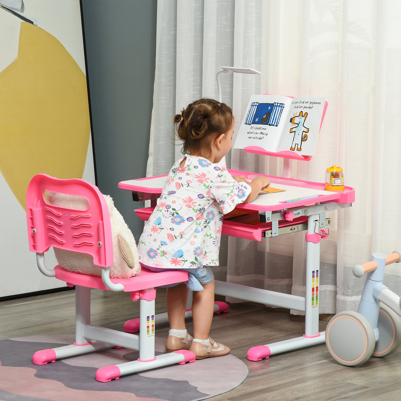 Kids Study Desk And Chair Set W/ Usb Lamp, Adjustable Height | Pink