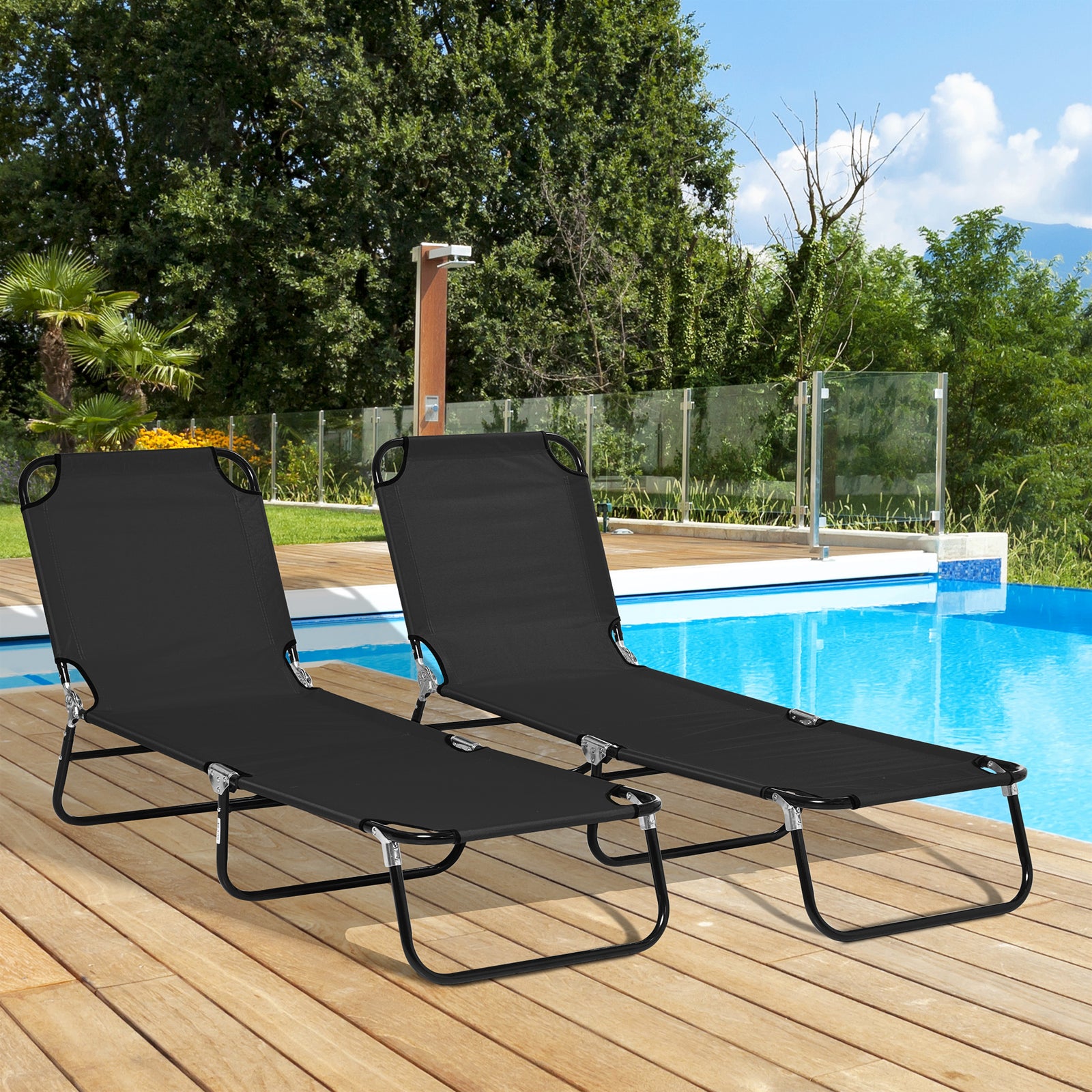 2 Folding Sun Loungers W/ Adjustable Backrest