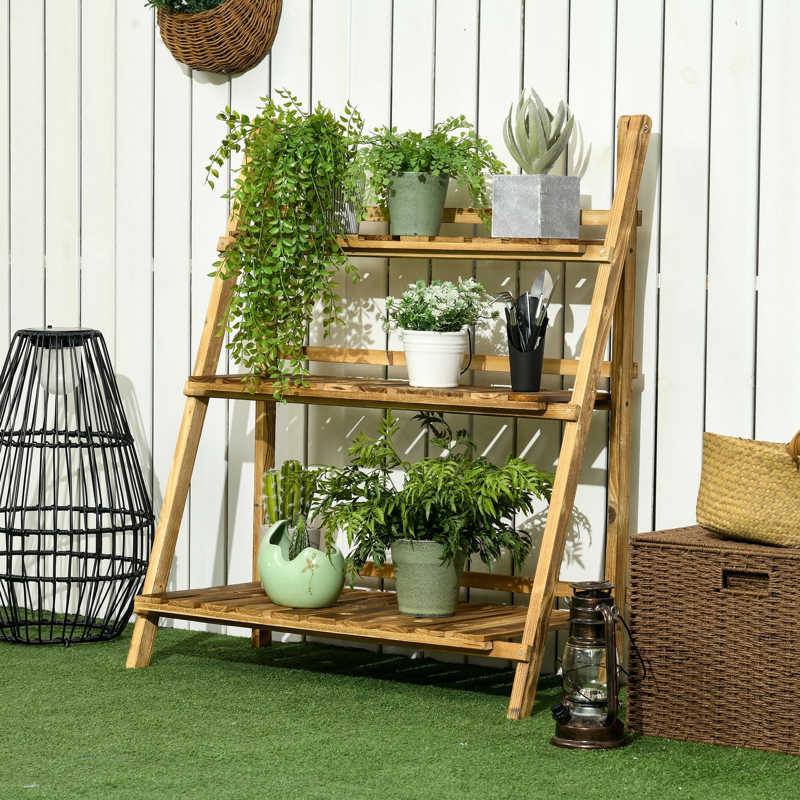 Flower Stand Plant Display Rack 3-tier Foldable Wood Garden | Large | Brown