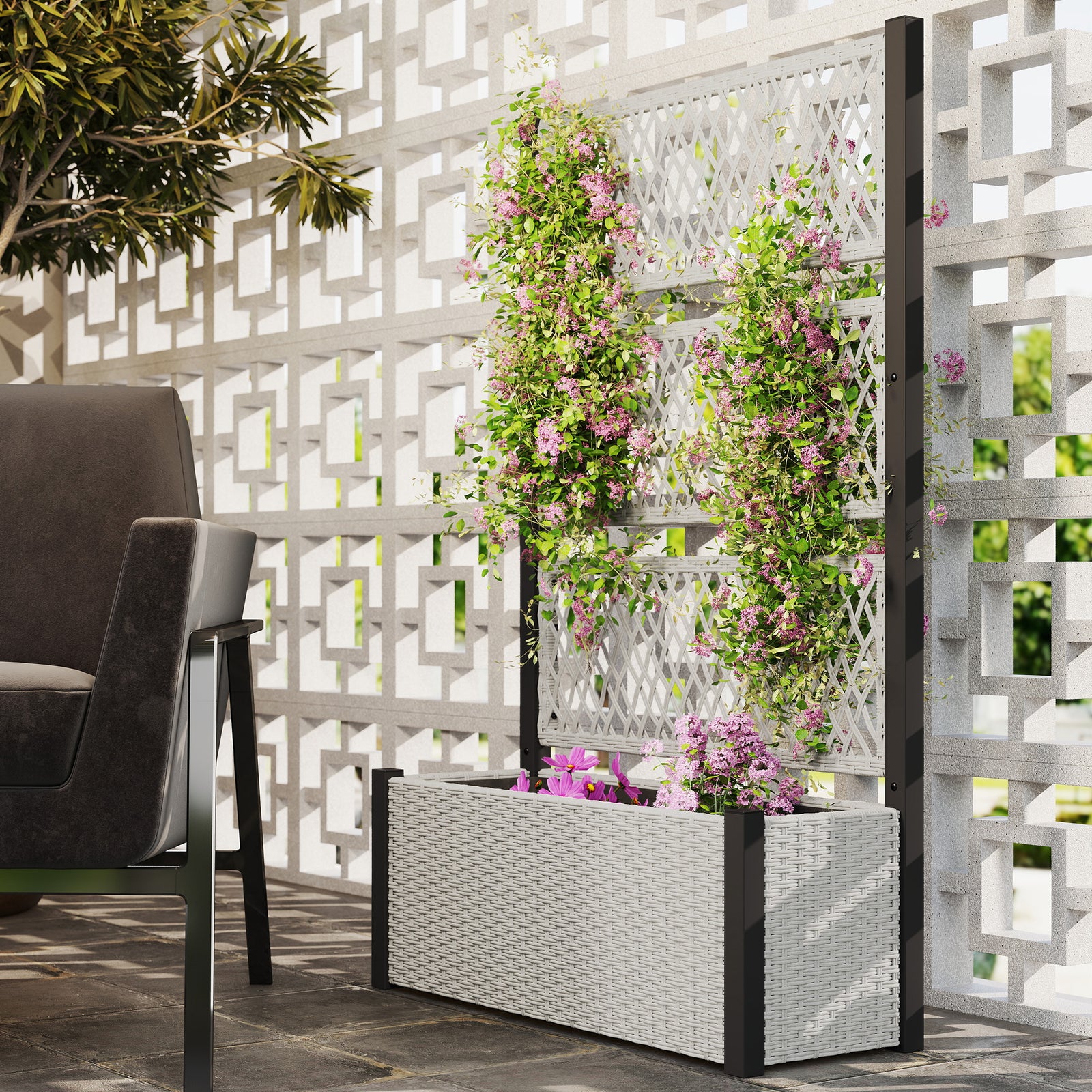 Garden Planter Box With Trellis, Rattan Raised Bed