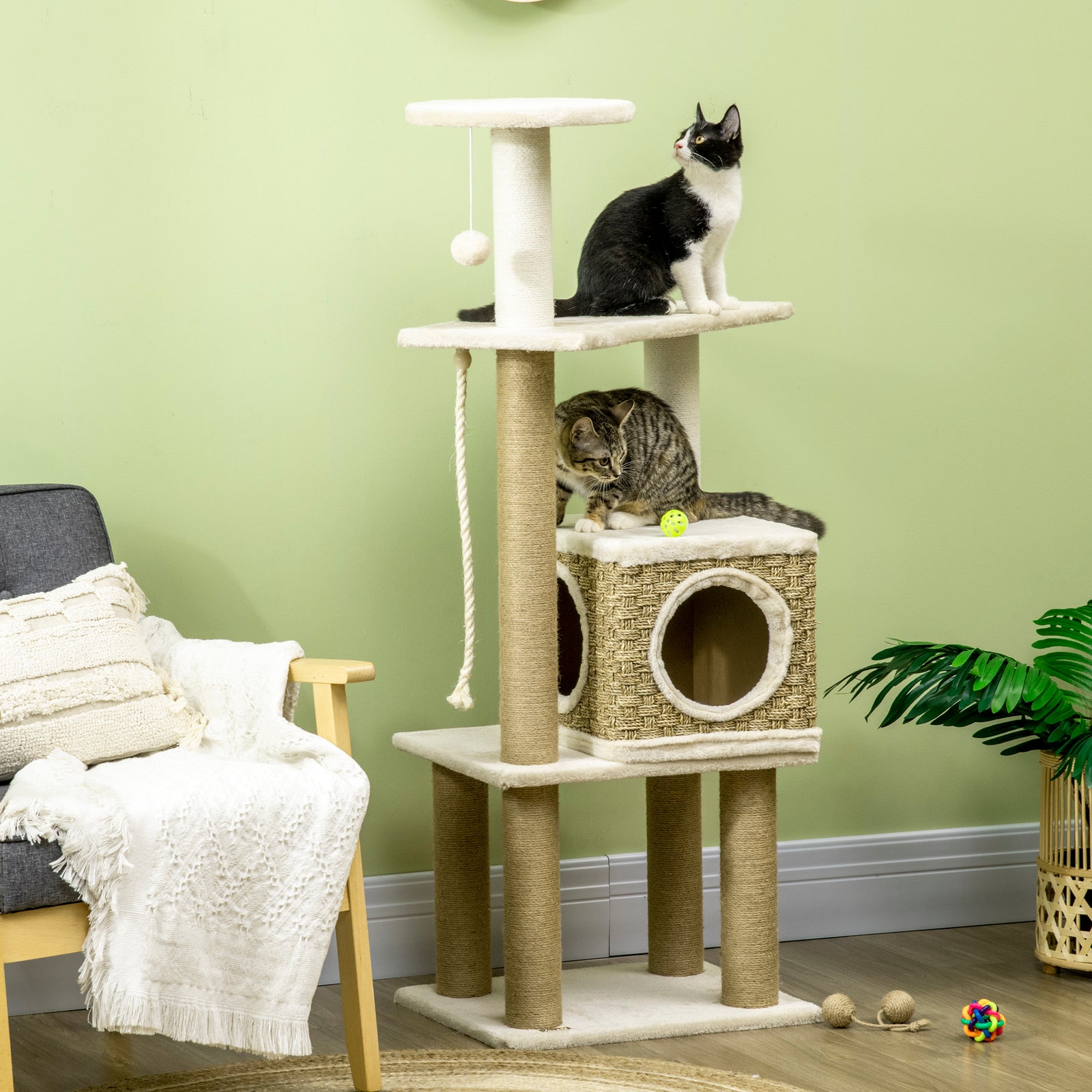 Cat Tree Climbing Tower W/ Scratching Post, Cat House, Hanging Toy Ball