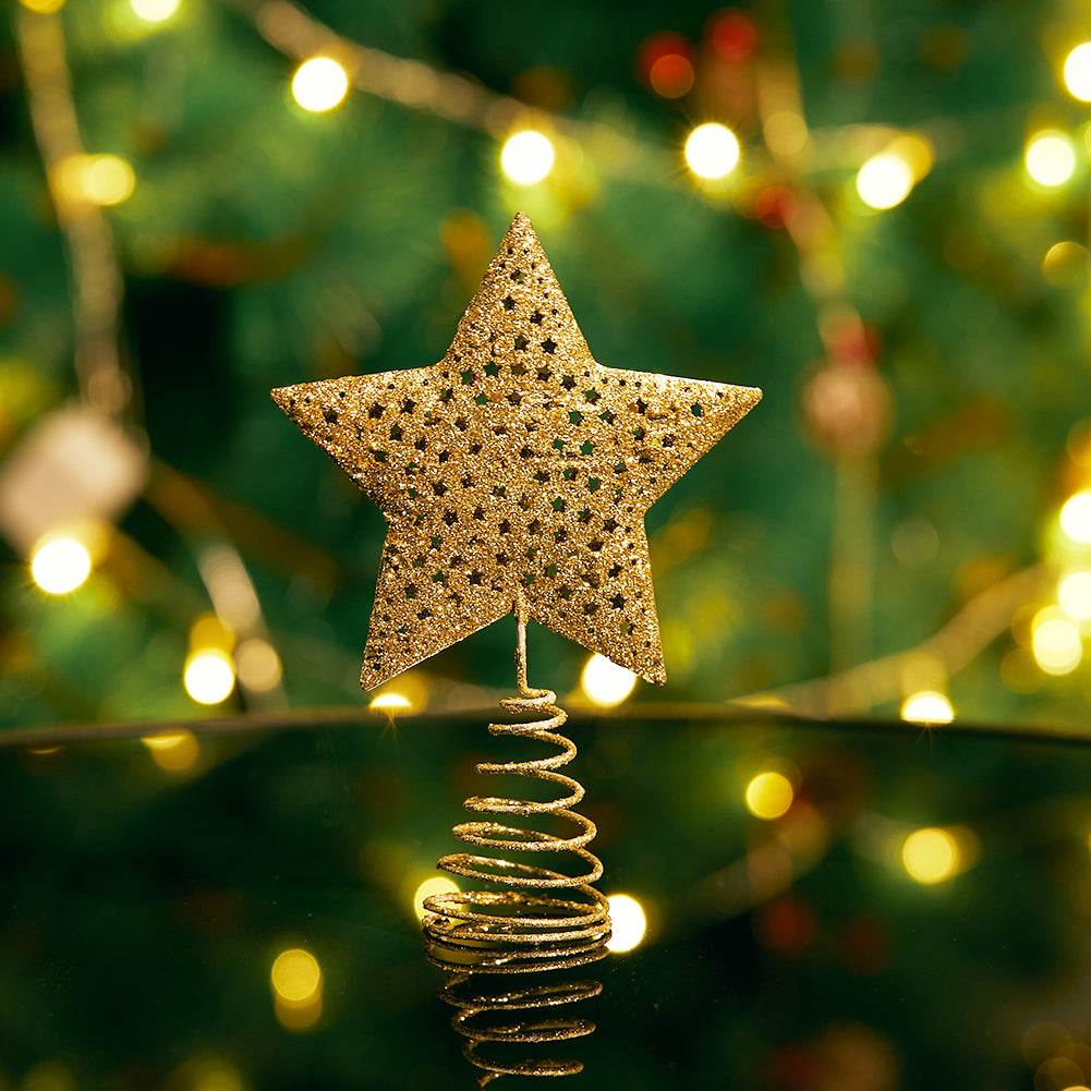 Christmas Tree Star Topper Golden Glitter Ornaments Home Party Decor