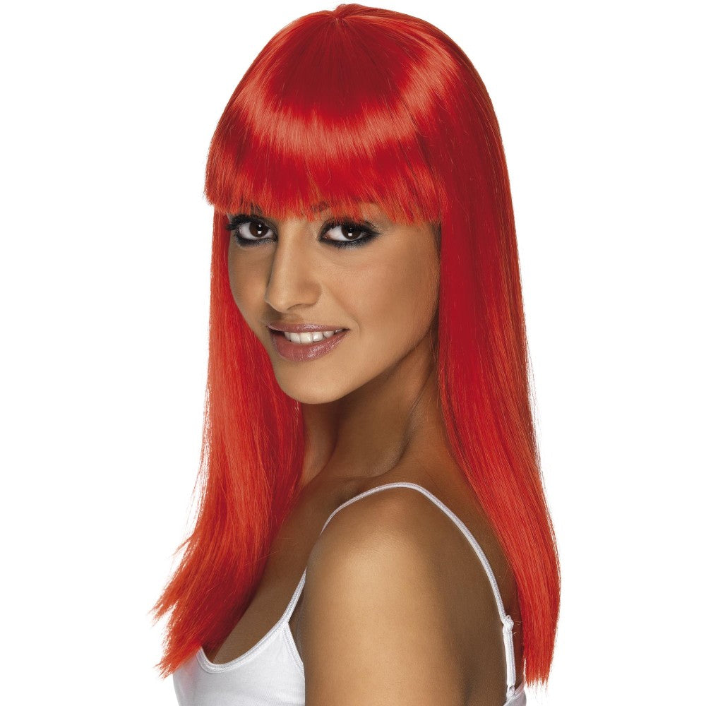 Glamourama Long And Straight Wig With Fringe | Neon Red
