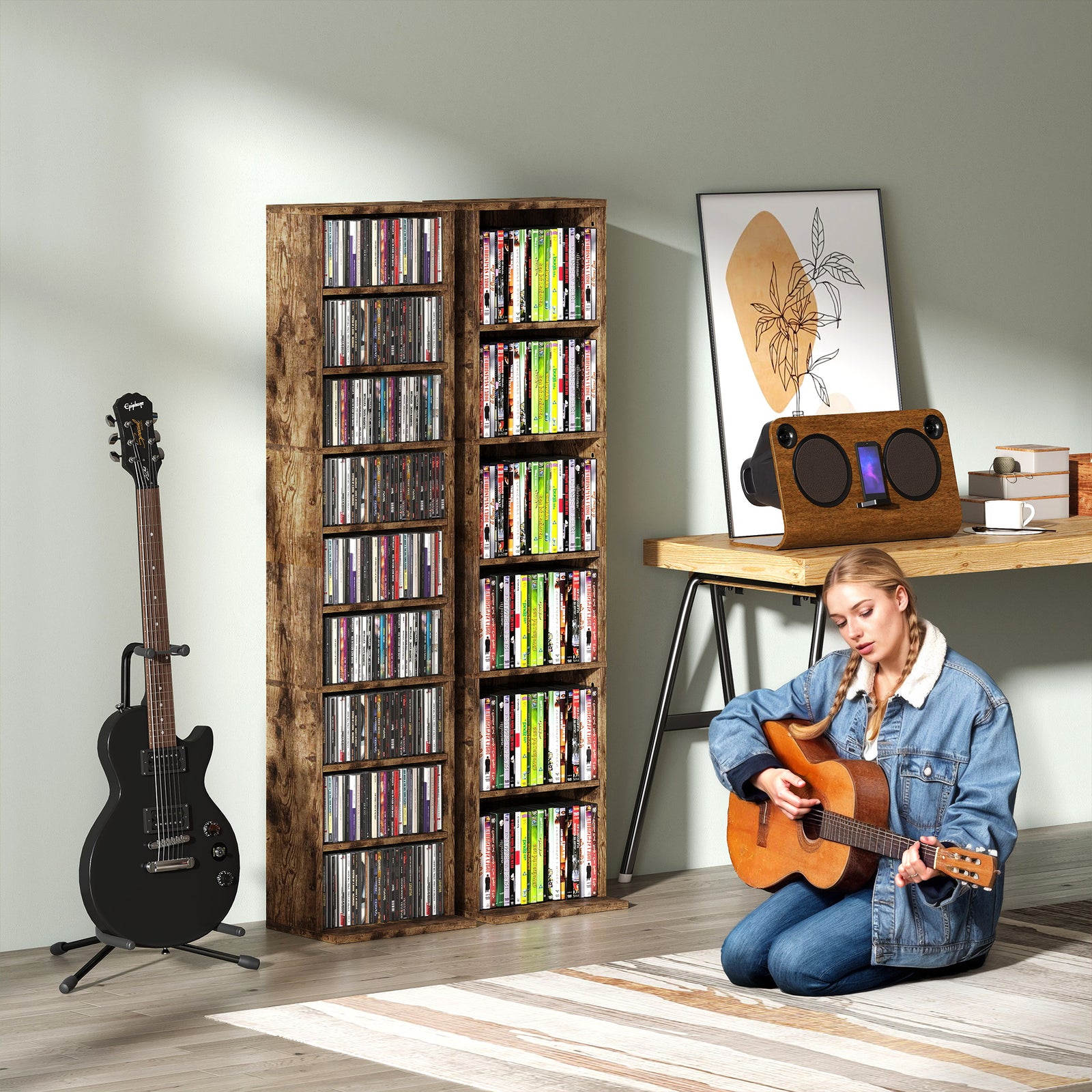 260 Cd Storage Unit 120 Dvd Storage Tower With 9 Compartments | Rustic Brown