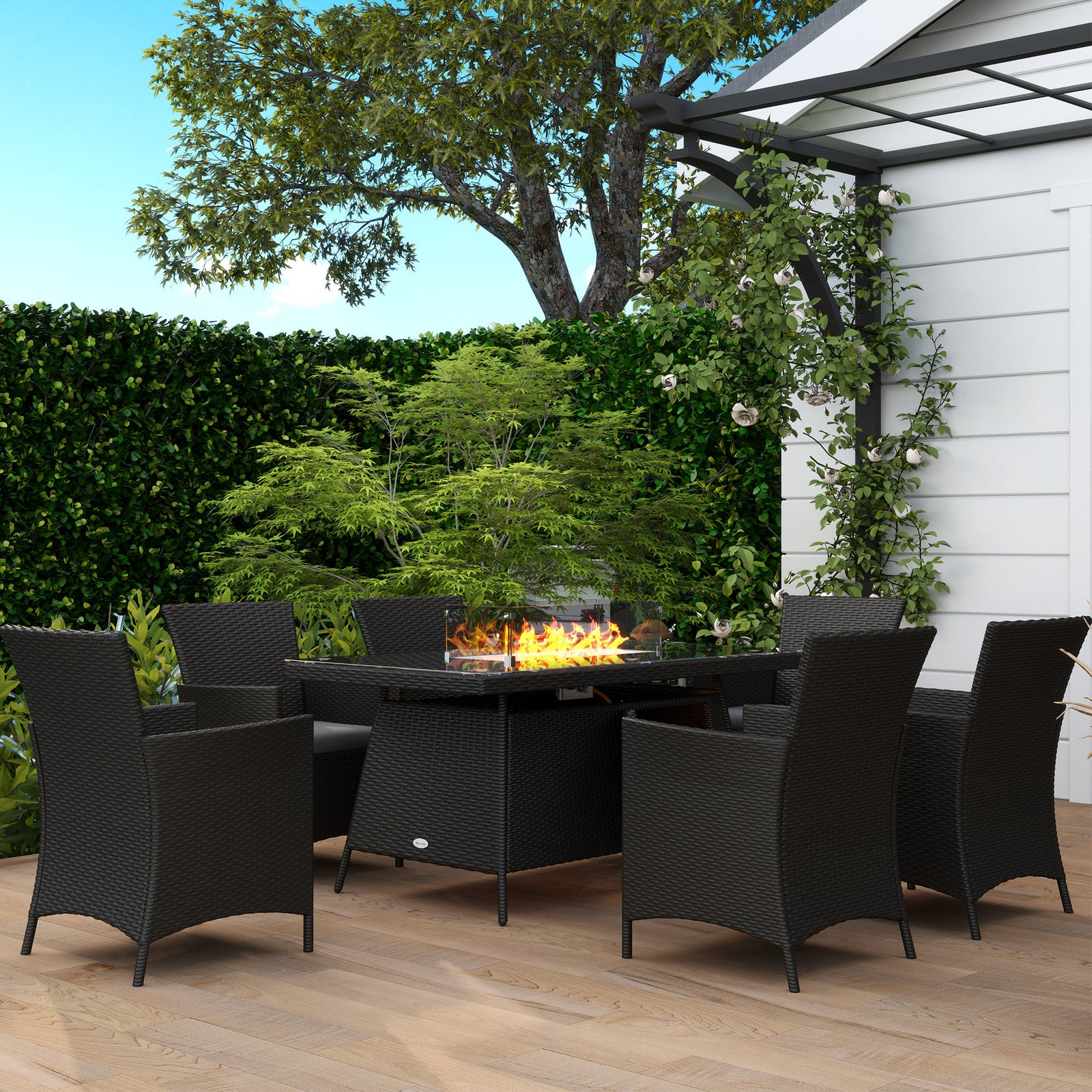 Rattan Dining Set With Fire Pit Table And Armchairs, Black