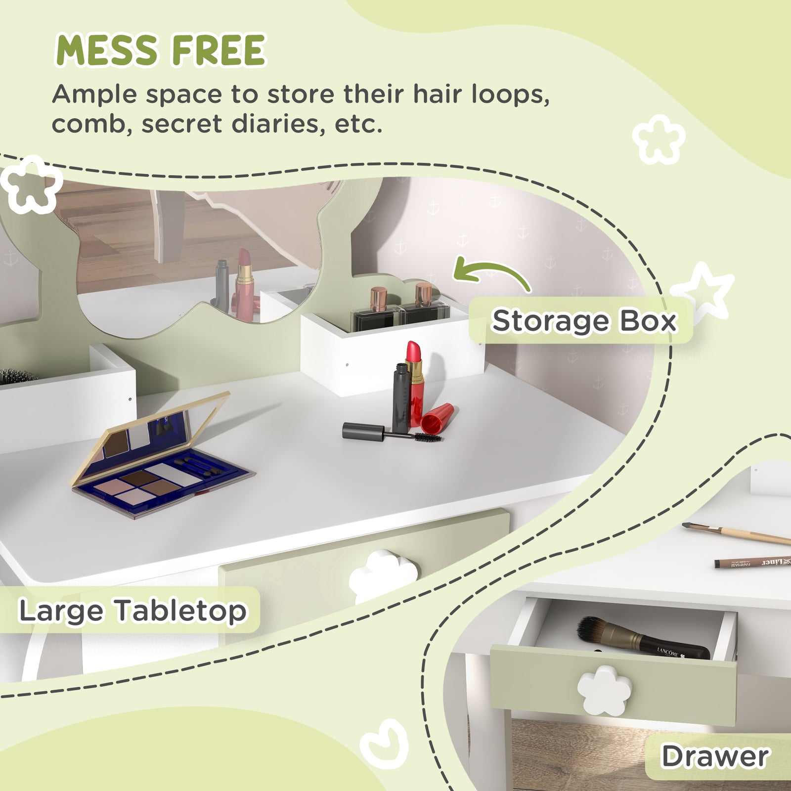 Kids Dressing Table With Mirror And Stool, Drawer, Storage Boxes - White | White