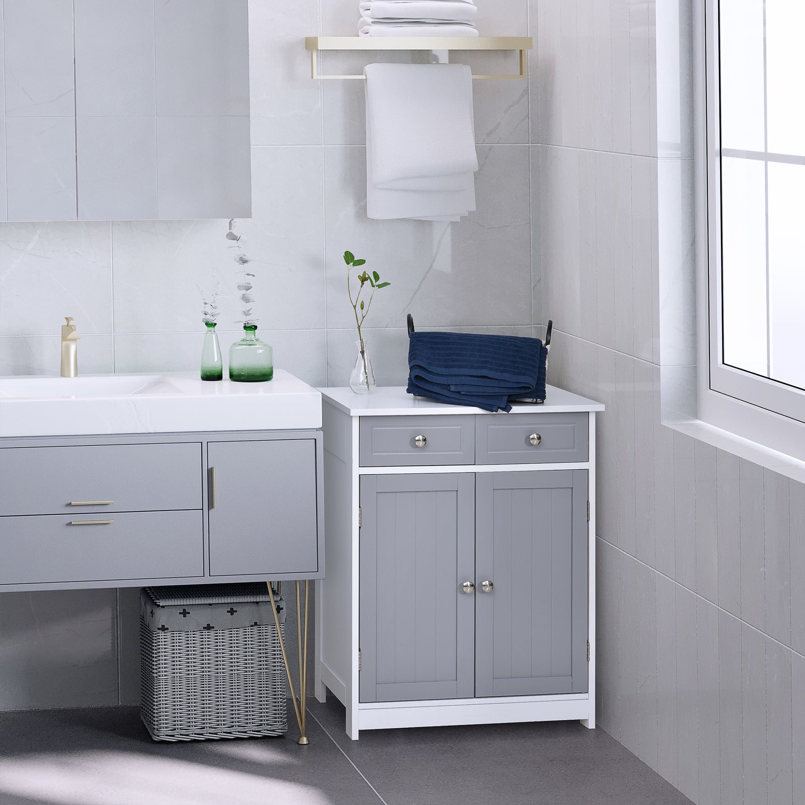 Bathroom Floor Storage Cabinet W/ 2 Drawers Door Cupboard | One Size | Multi Colour