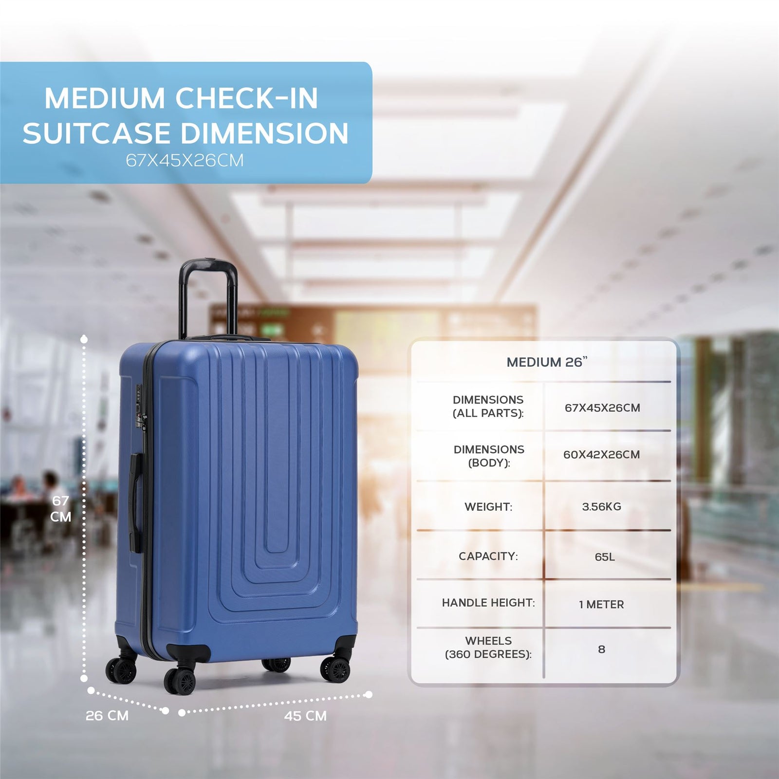 Medium 26" Hard Shell Check In Suitcase 8 Spinner Wheels Hold Luggage | Medium | Navy Blue