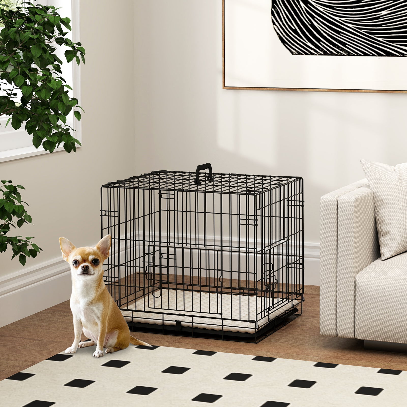 Pawhut Dog Crate With 2 Doors, Tray, Soft Cushion, For Extra Small Medium And Large Dogs | Black
