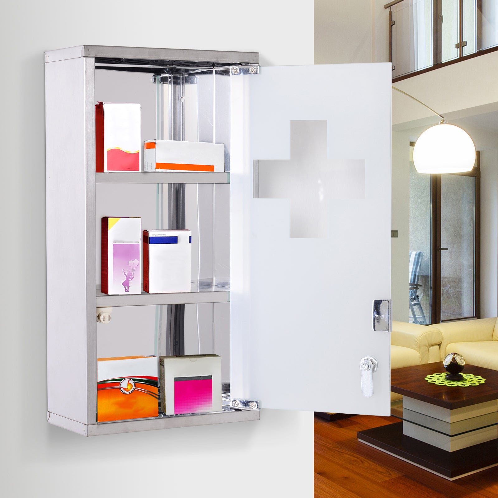 Wall Mounted Medicine Cabinet First Aid  Glass Door Lockable