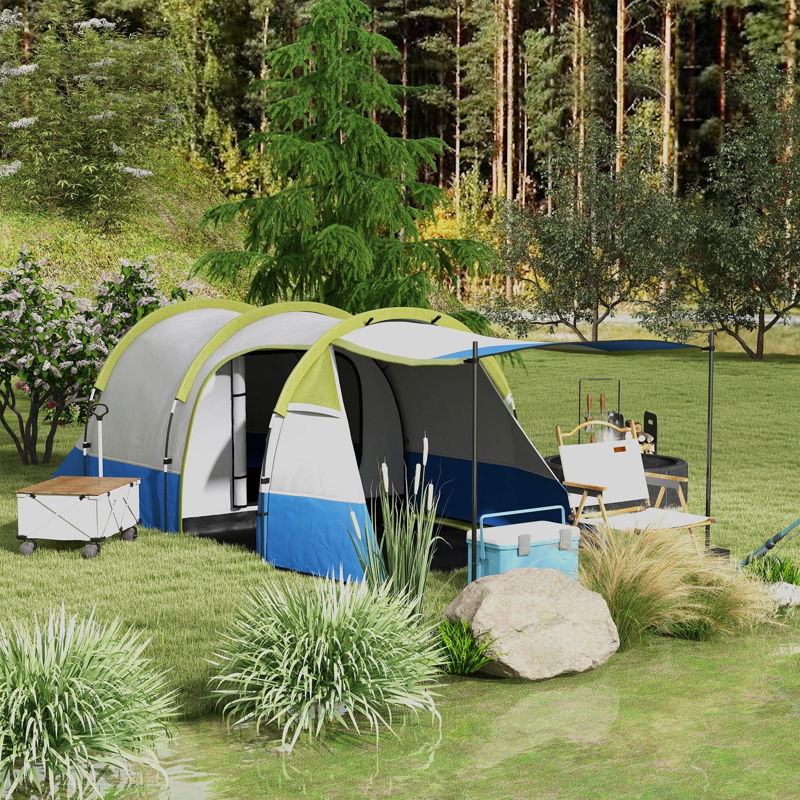 2-3 Man Camping Tunnel Tent With Bedroom And Living Room | Green