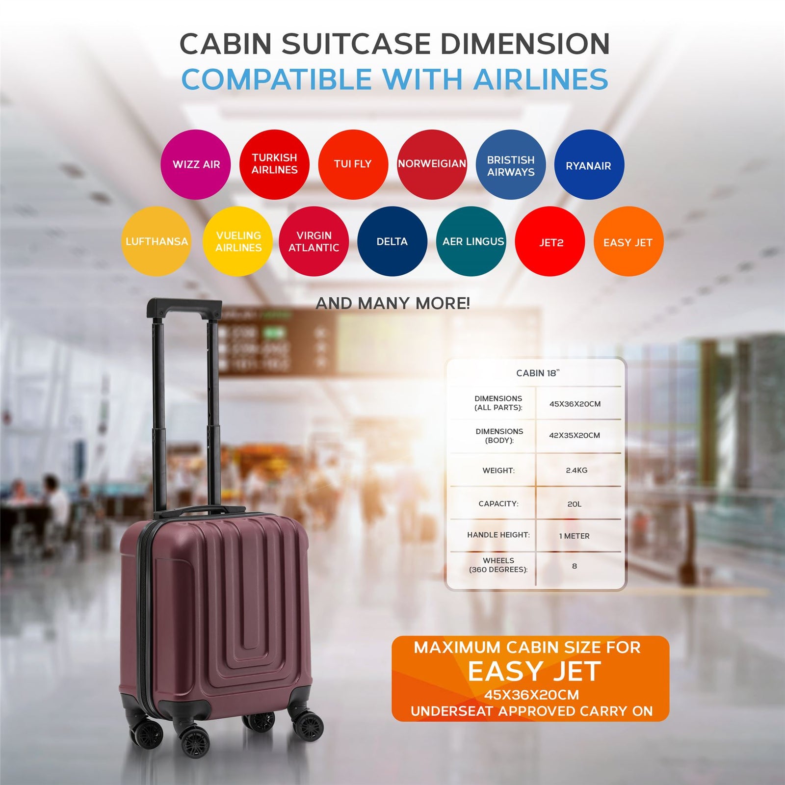 45x36x20cm Lightweight Underseat Cabin Carry On Suitcase - 100+ Airline Approved - Hard Shell Luggage - 4 Wheels | 45 x 36 x 20cm | Burgundy