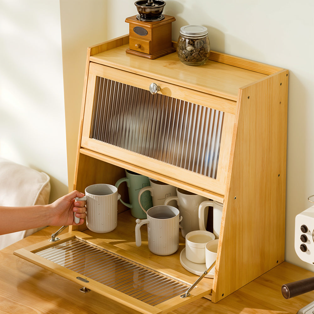 3-tier Bamboo Bread Storage Cabinet With Acrylic Flap Door, Space-saving Trapezoid Design | Natural