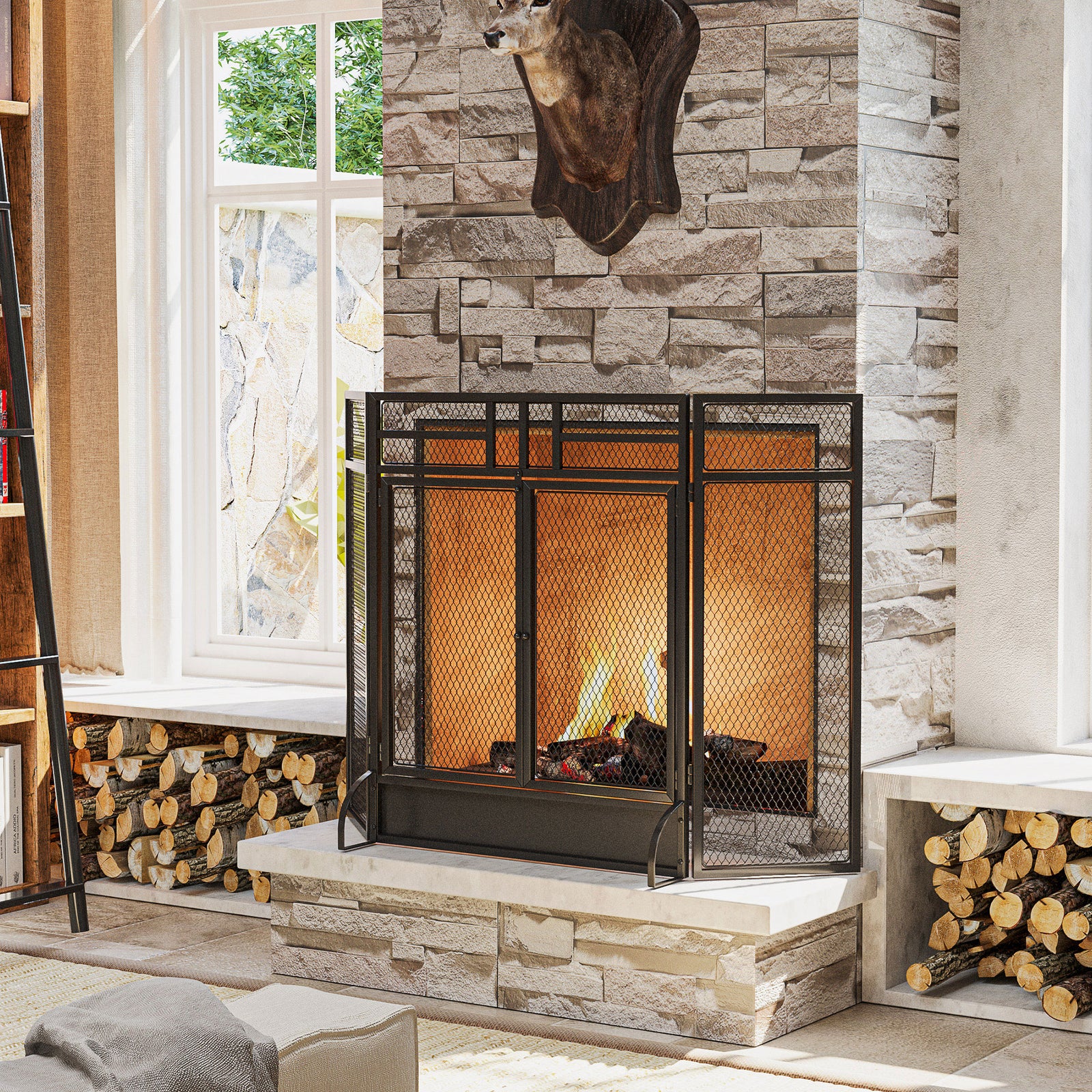 3 Panel Folding Freestanding Fireplace Screen With Door