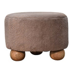 Solid Mango Wood Mocha Faux Fur Round Ball Footstool