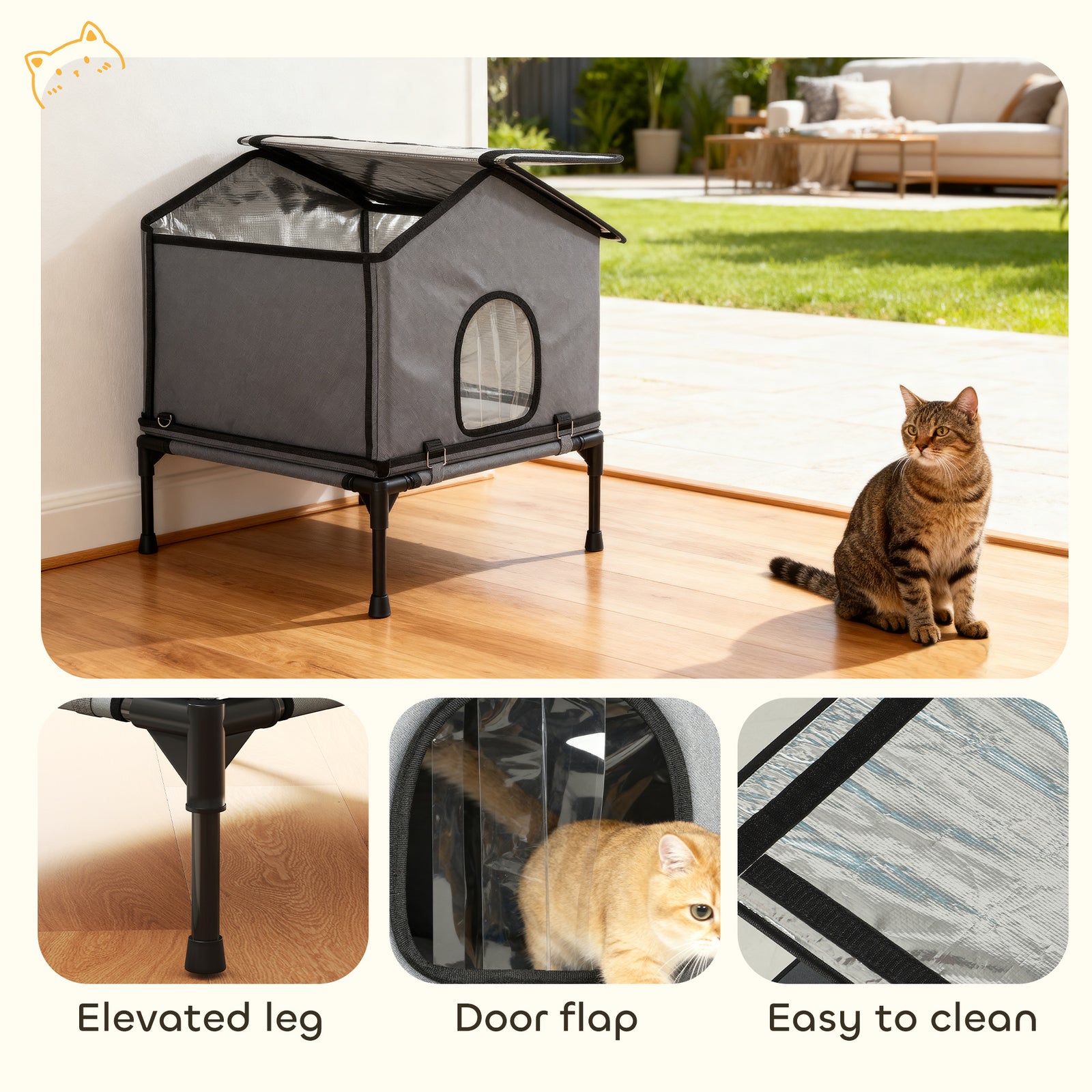 Outdoor Cat House, Feral Cat Shelter With Elevated Base, Grey