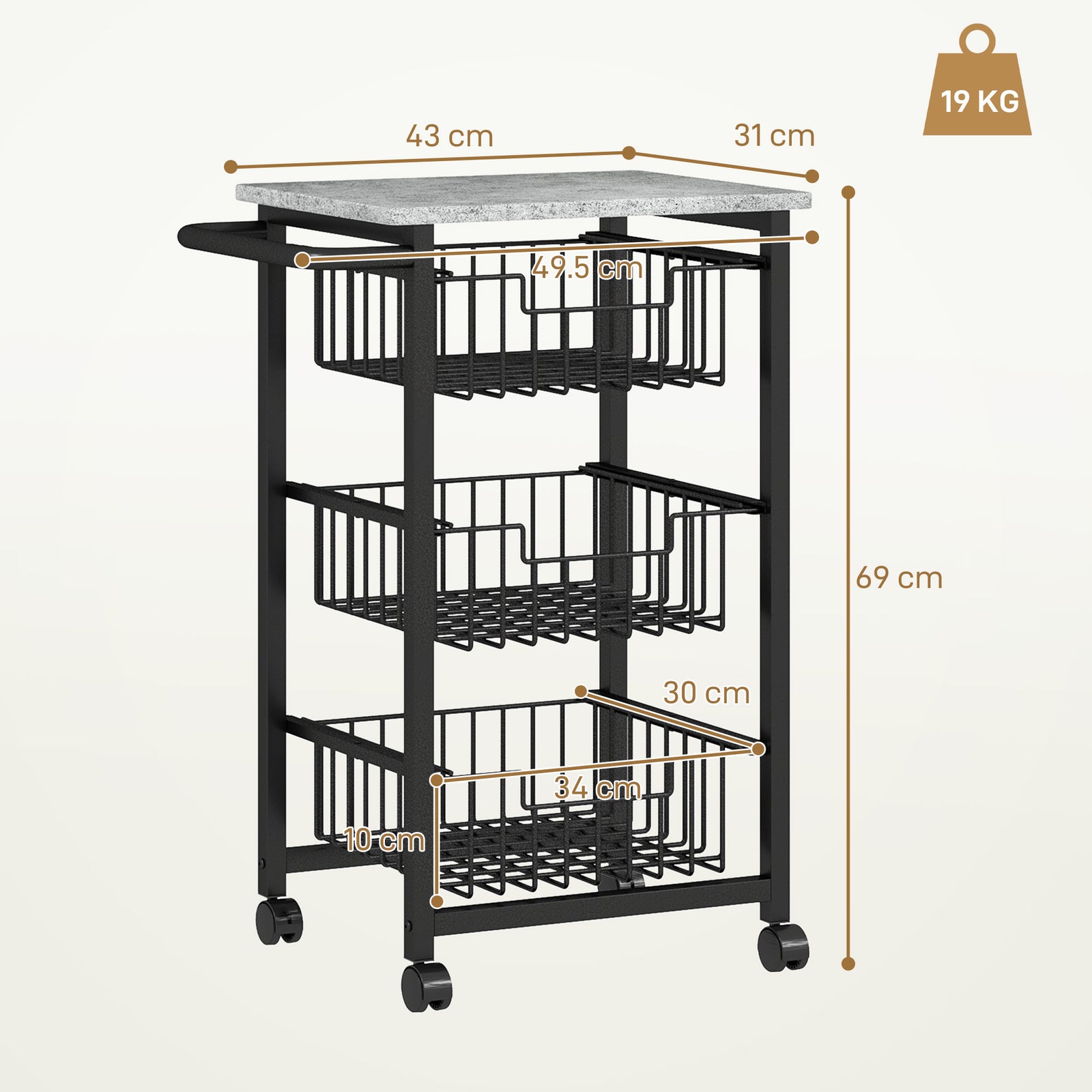 3-tier Kitchen Island, Baskets