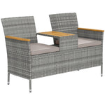 Rattan Garden Bench W/ Wood Top Table, Chair, Cushions | Gray