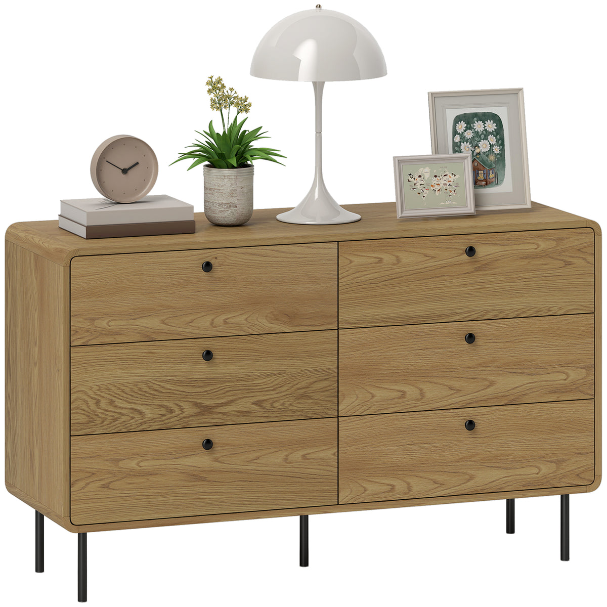 HOMCOM Chest Of Drawers For Bedroom, Modern 6 Drawer Dresser, Oak