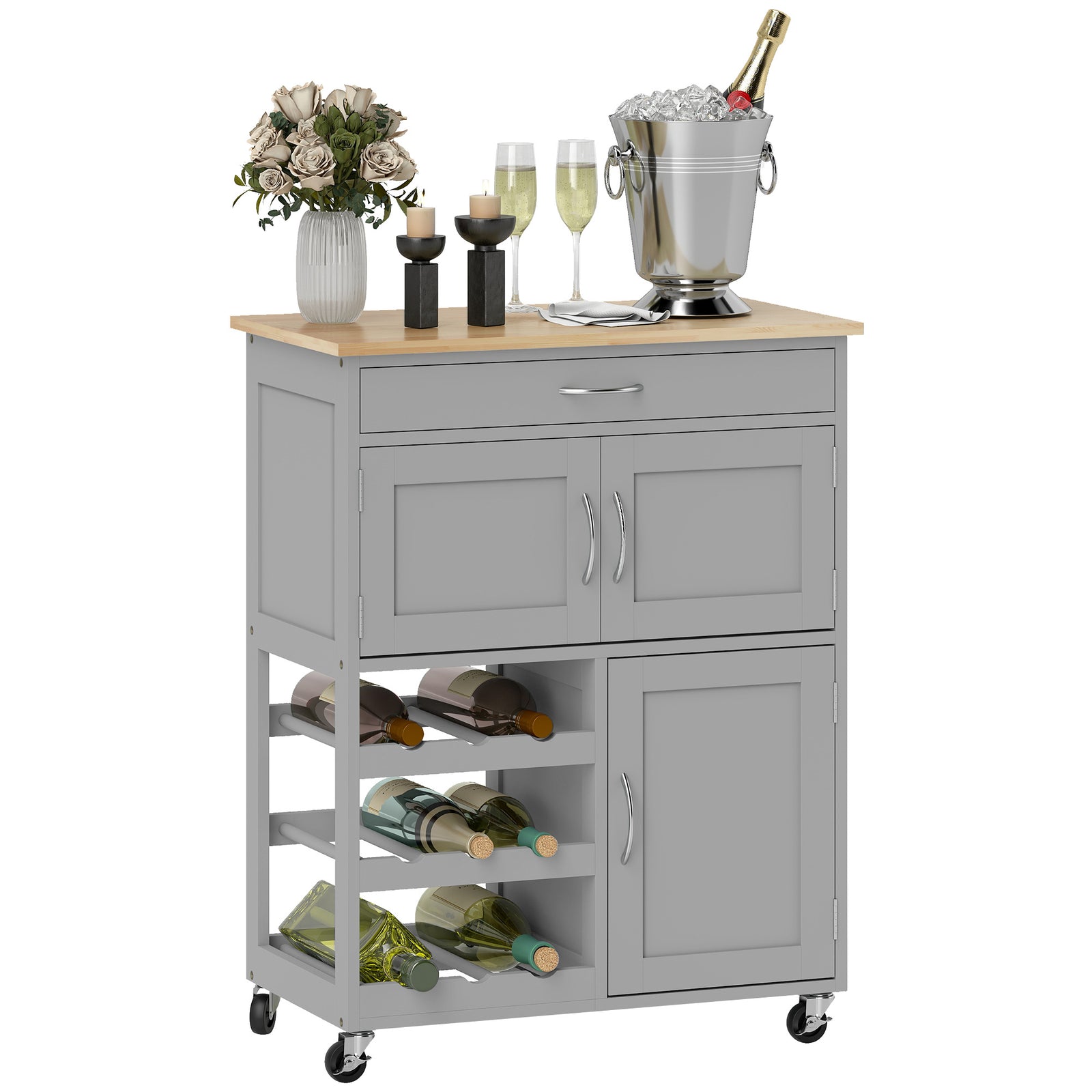 Rolling Kitchen Island Trolley Storage Cart W/ Rubberwood Top, Grey