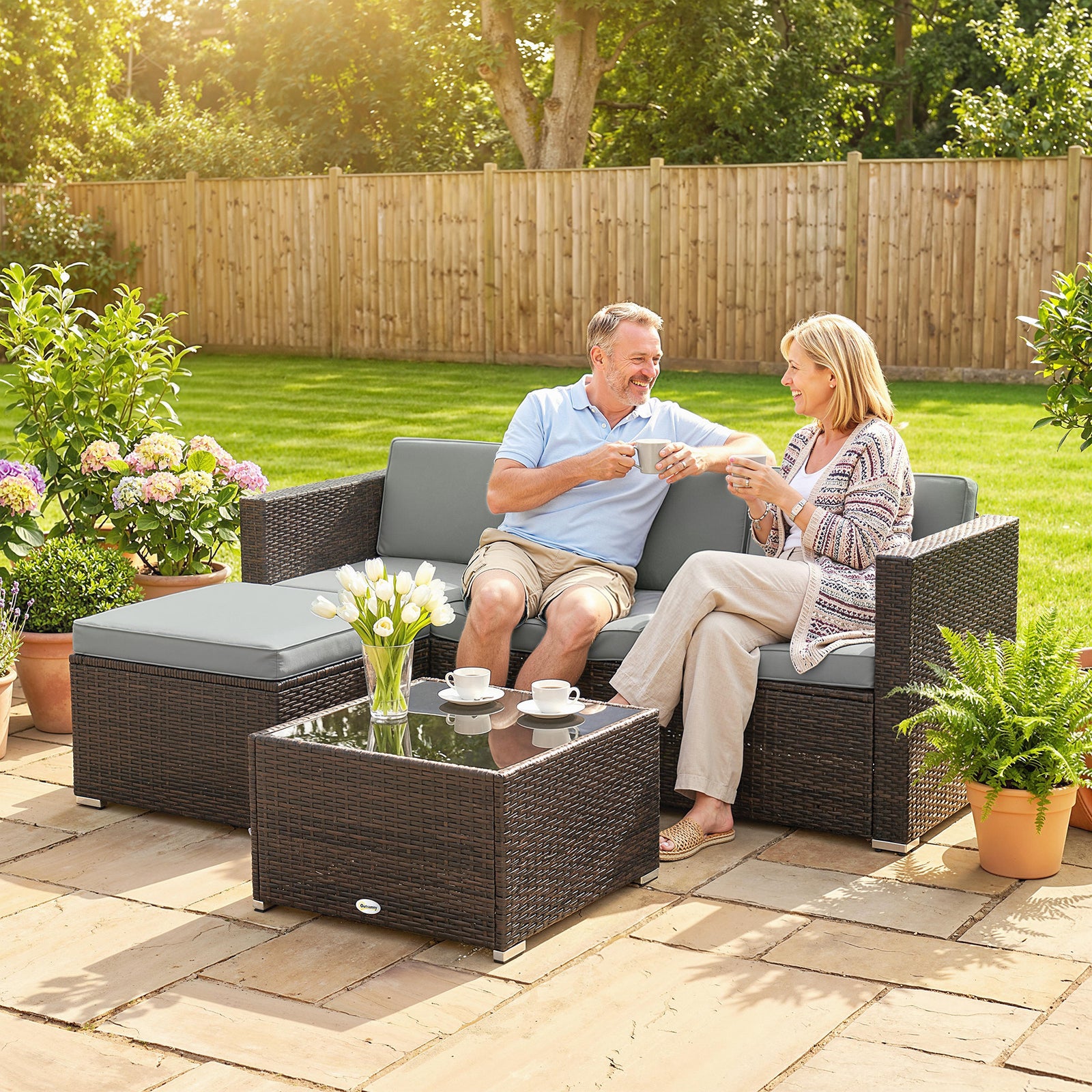 Garden Furniture Set W/ Padded Cushions Corner Sofa Set | Brown