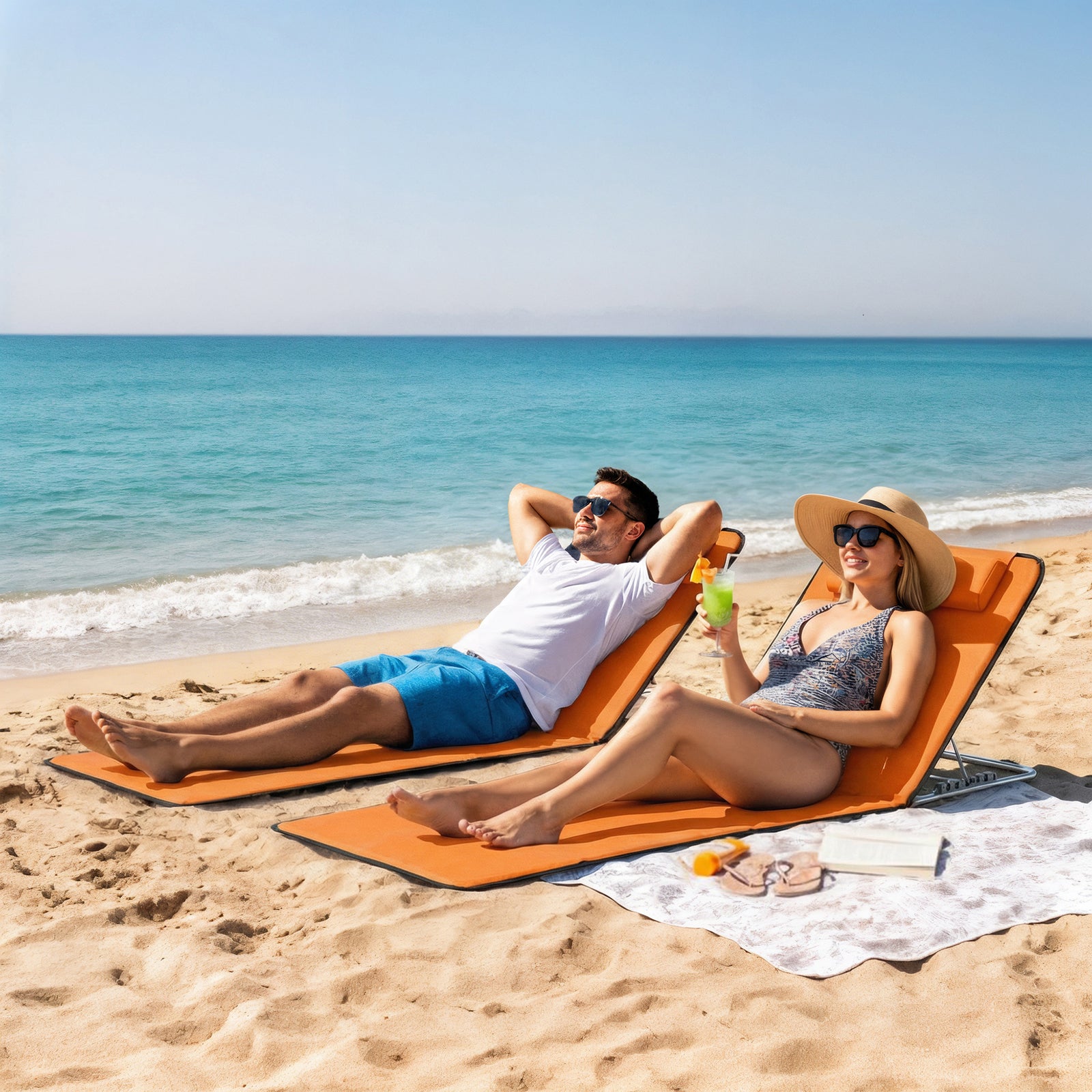 2pc Outdoor Beach Mat Steel Reclining Chair Set W/ Pillow | Orange