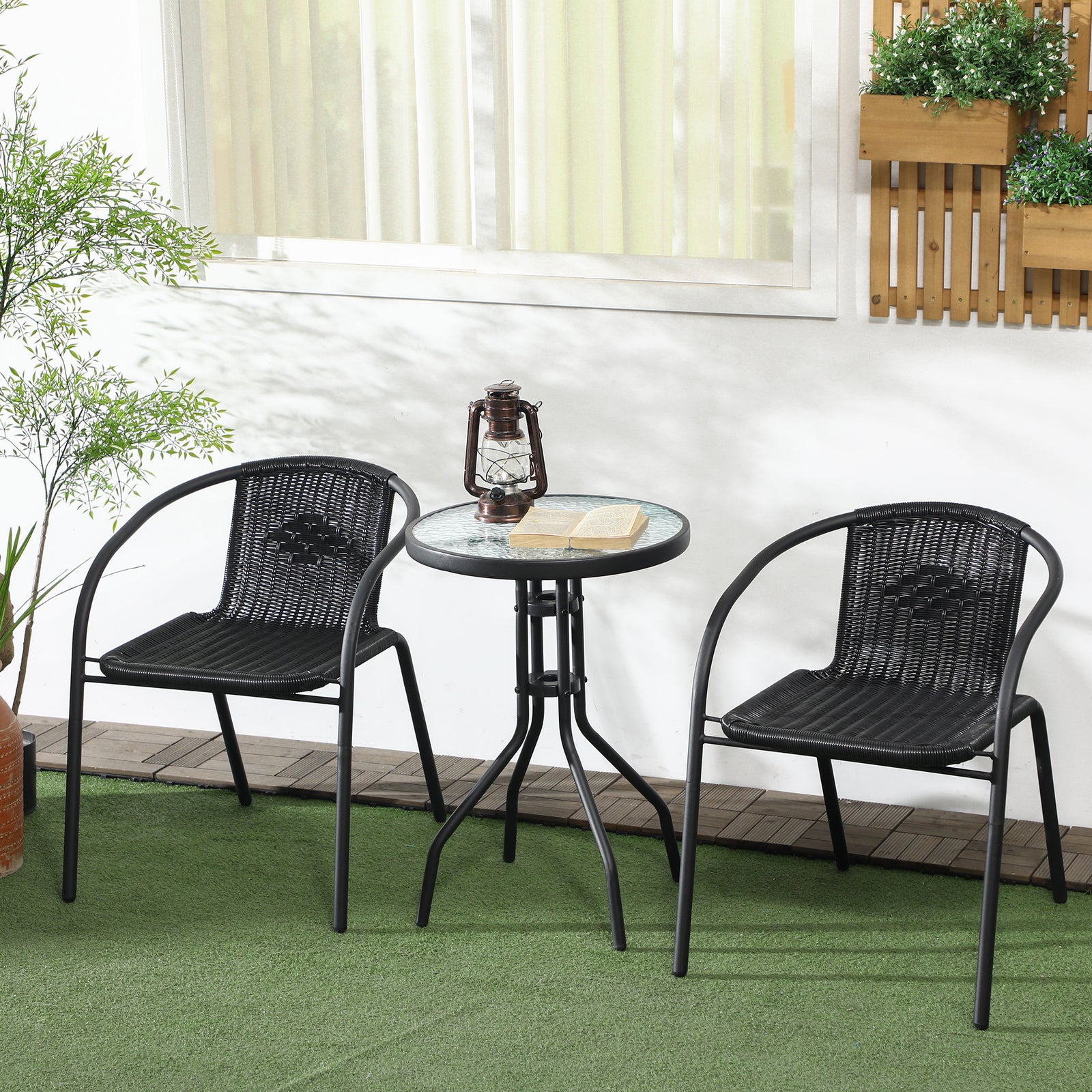 3 Pieces Garden Furniture Set With 2 Stackable Chairs, Black