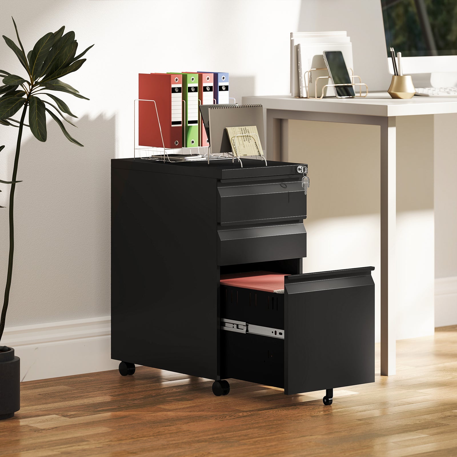 Steel File Cabinet With Lock And Wheels For Home Office | One Size | Black