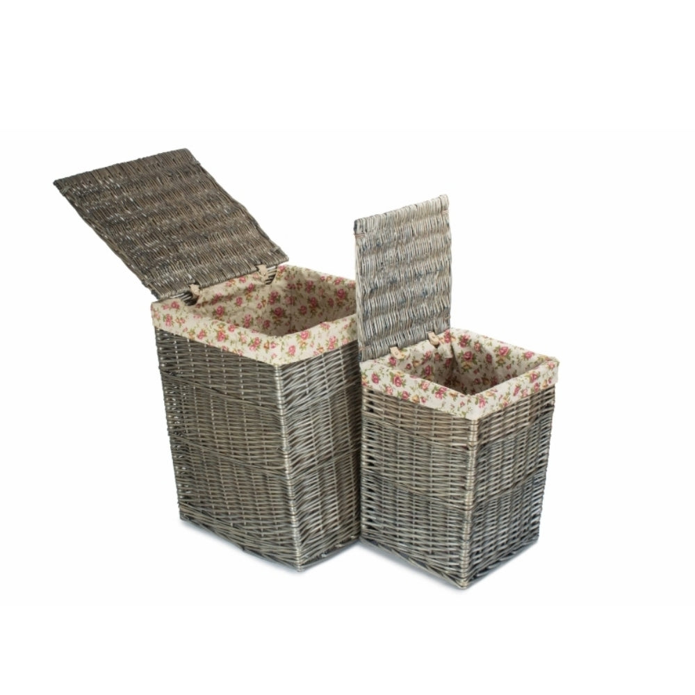 Antique Wash Wicker Square Laundry Basket With Rose Lining | Set of 2 | Pink