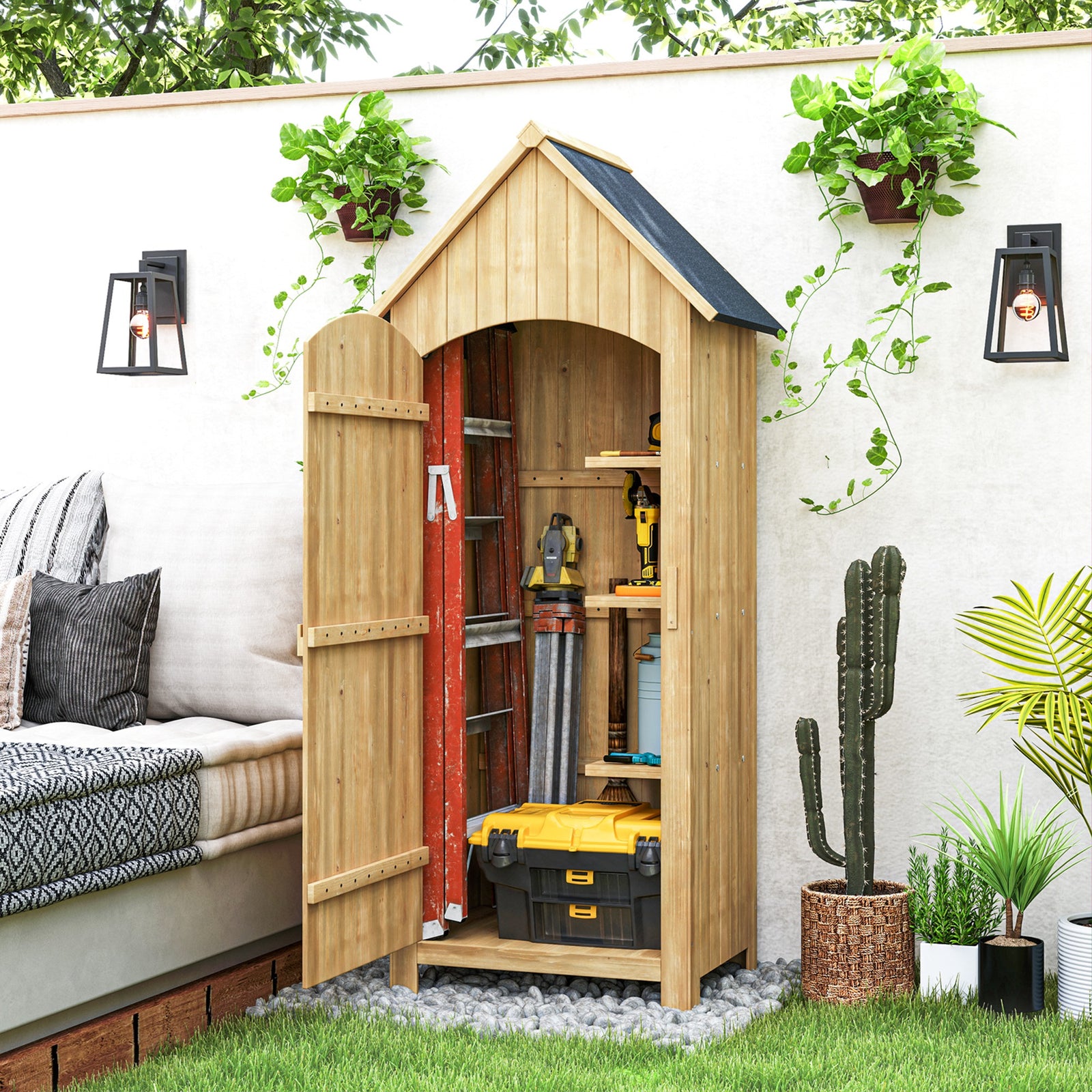 Wooden Small Garden Shed With 3 Shelves And Tilt Roof