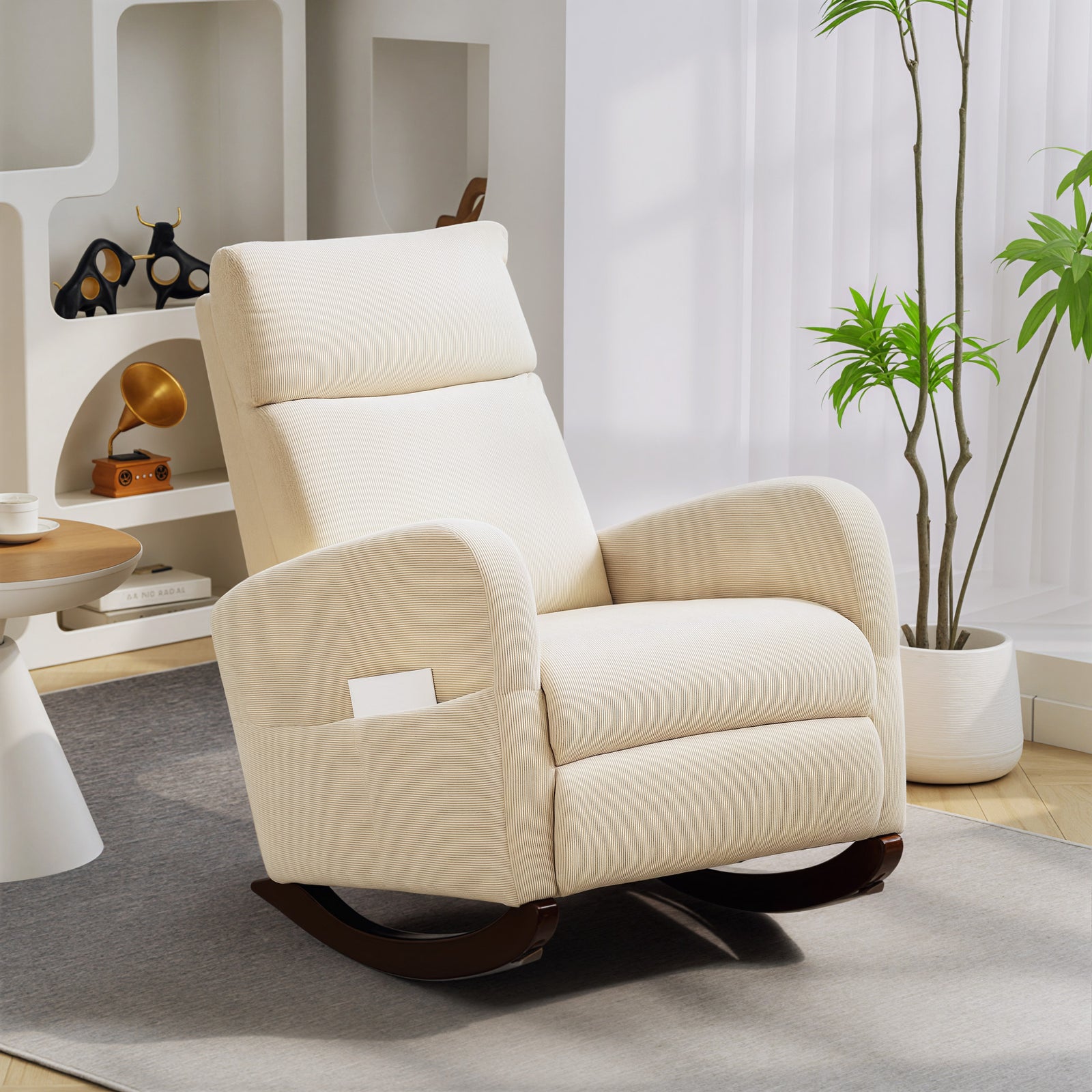 Modern High Back Corduroy Leisure Rocking Chair For Nursery | Beige