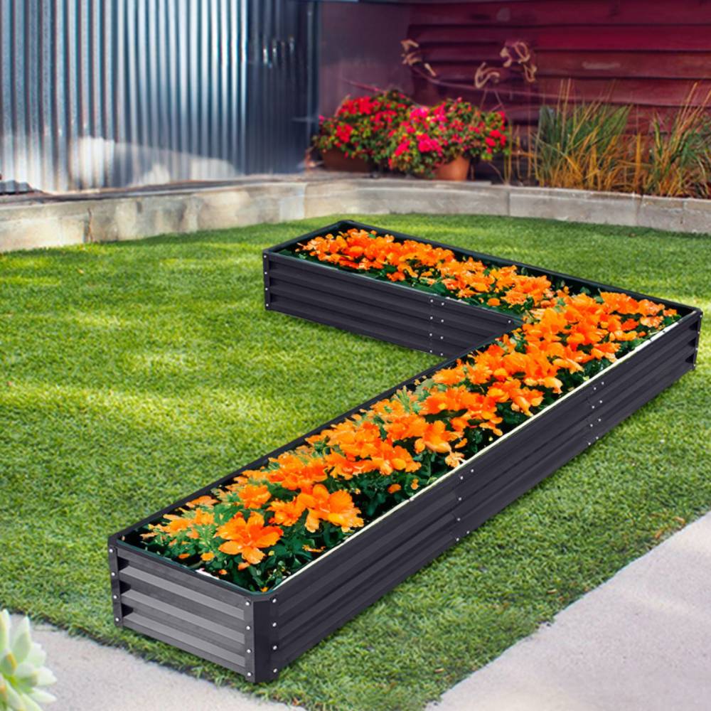 L-shaped Galvanized Steel Raised Garden Bed Raised Planter Box | Charcoal Black